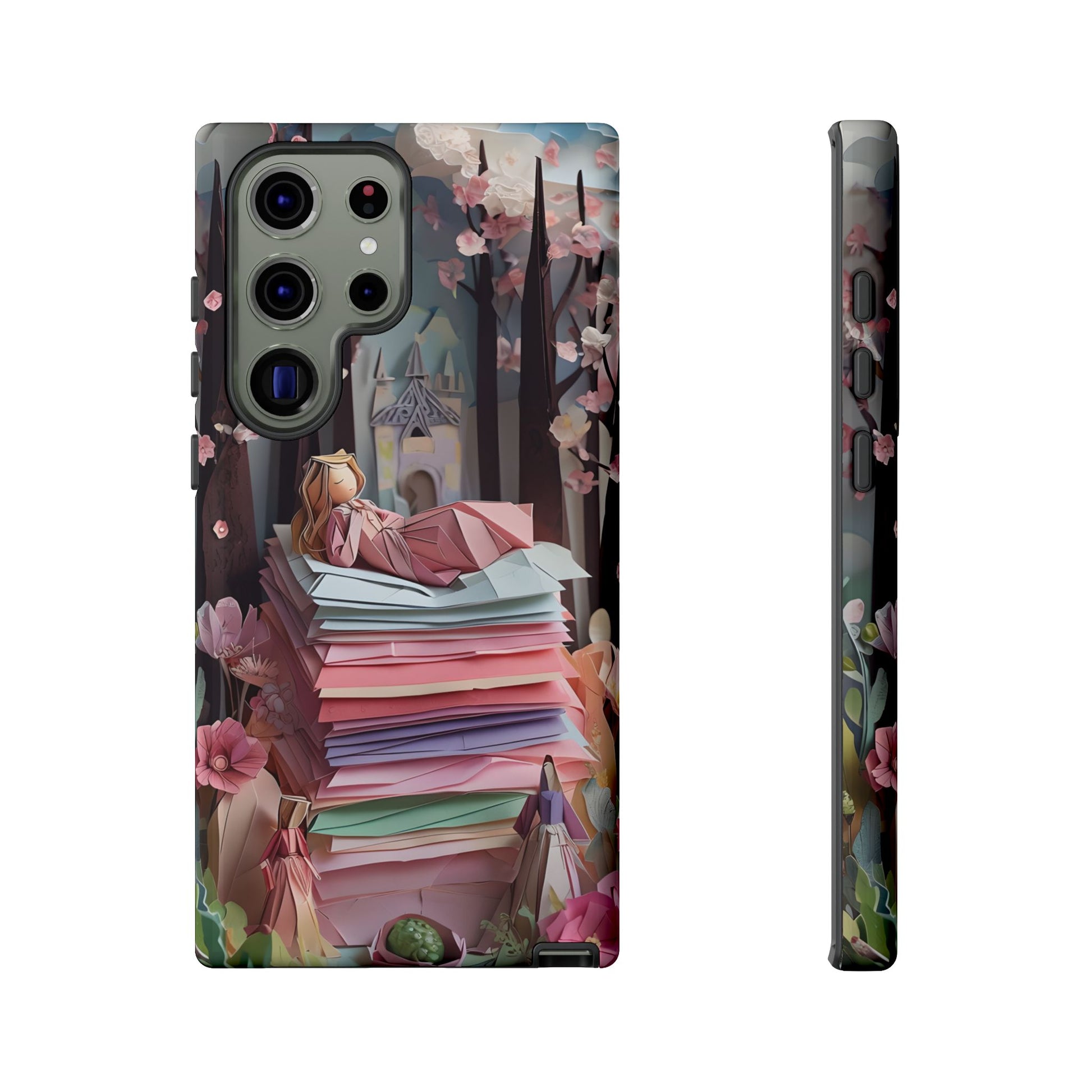 A Good Night’s Sleep Samsung Galaxy tough case with girl sleeping on a tall stack of pastel origami paper, back and side view