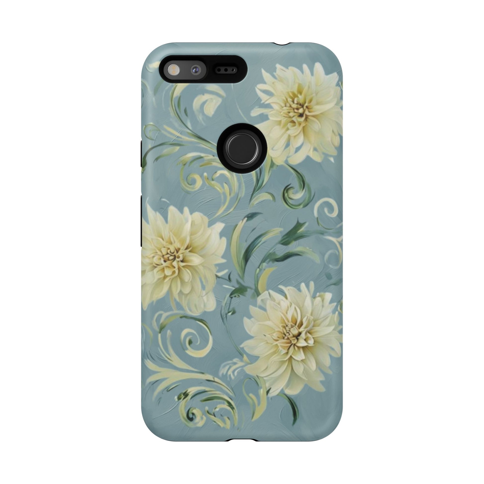 Golden Dahlia Trio - Elegant Floral Google Pixel XL Tough Phone Case - Artistic White & Blue Dahlia Design