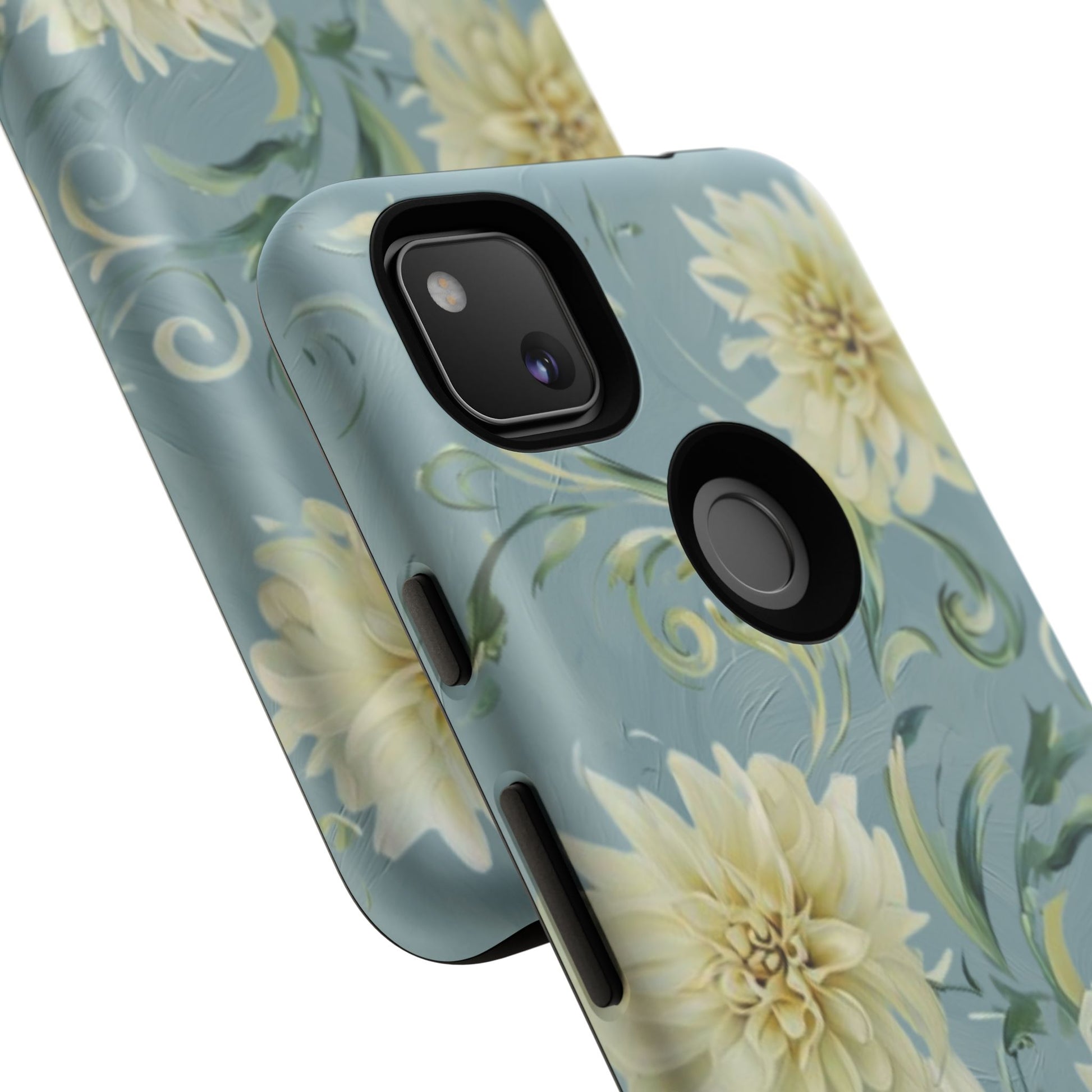 Golden Dahlia Trio - Elegant Floral Google Pixel 4a Tough Phone Case - Artistic White & Blue Dahlia Design