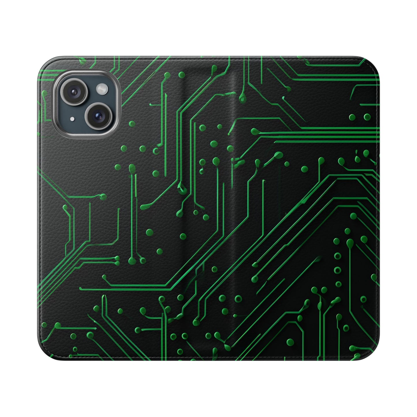 Green Circuit Board Grid iPhone Wallet Flip Phone Case With Futuristic Tech Pattern
