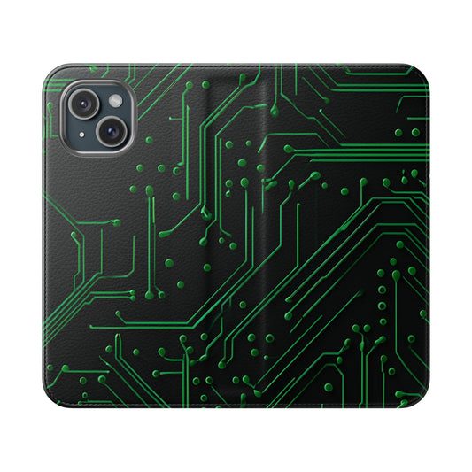 Green Circuit Board Grid iPhone Wallet Flip Phone Case With Futuristic Tech Pattern