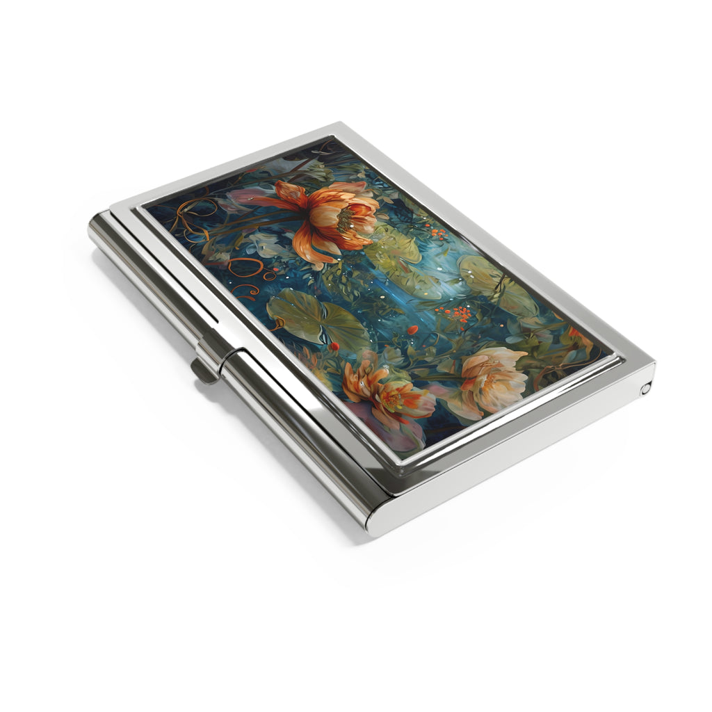 Waterlily Nocturne Business Card Holder - Tranquil Floral Design with Dreamy Mountain Lake