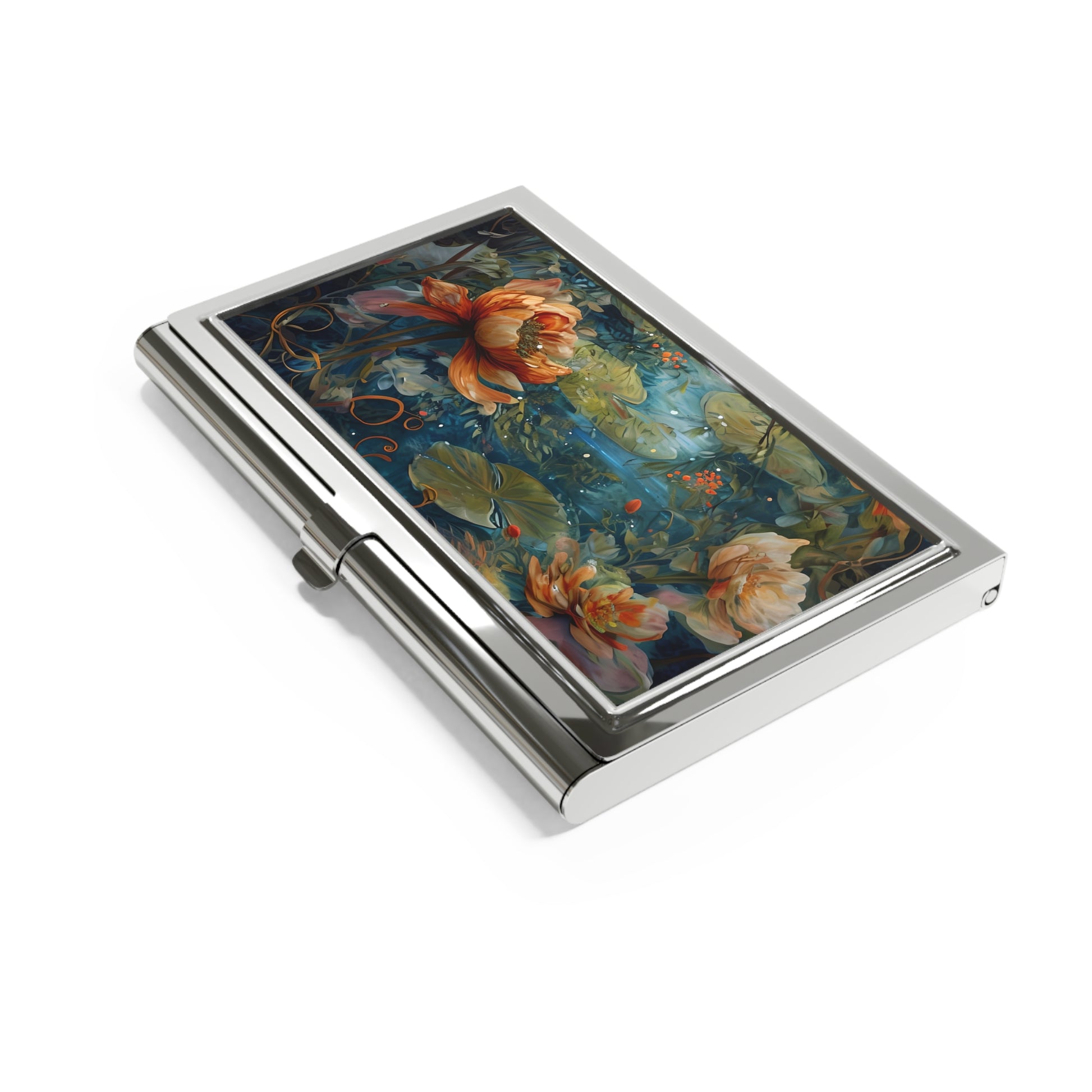 Waterlily Nocturne Business Card Holder - Tranquil Floral Design with Dreamy Mountain Lake