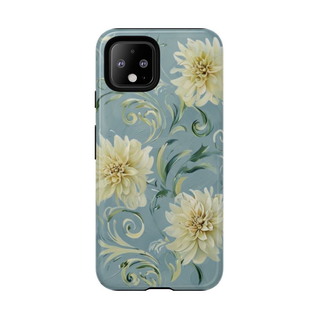 Golden Dahlia Trio - Elegant Floral Google Pixel 4 Tough Phone Case - Artistic White & Blue Dahlia Design