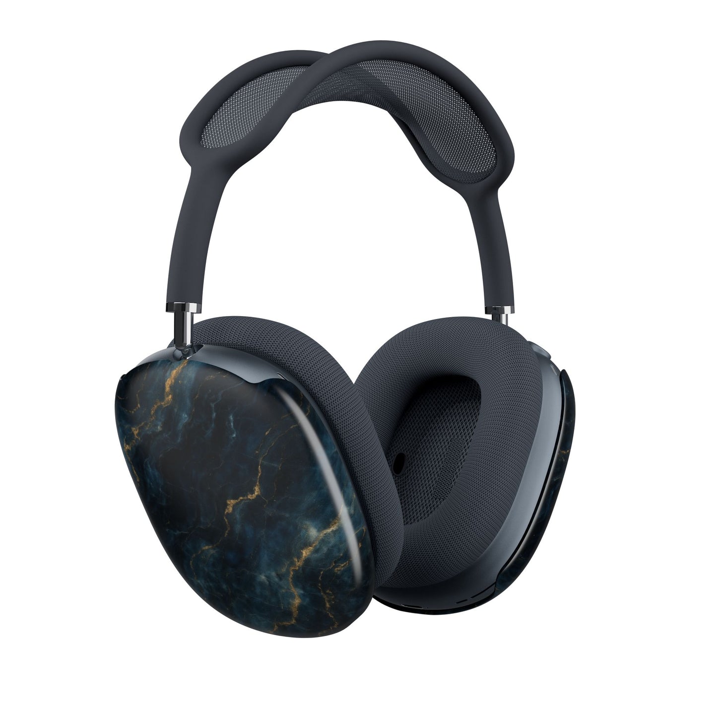 Midnight Marble Navy AirPods Max cover set on Apple headphones, sleek navy marble design with delicate gold veining for Apple AirPods Max, angled side view