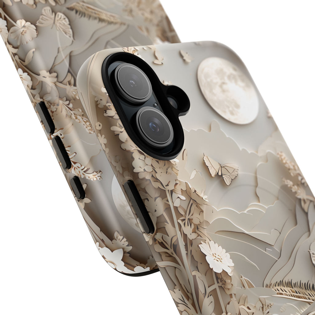 Moonlit Garden - Elegant Neutral Floral iPhone 16 Plus MagSafe Phone Case - Painterly Botanical & Moon Design
