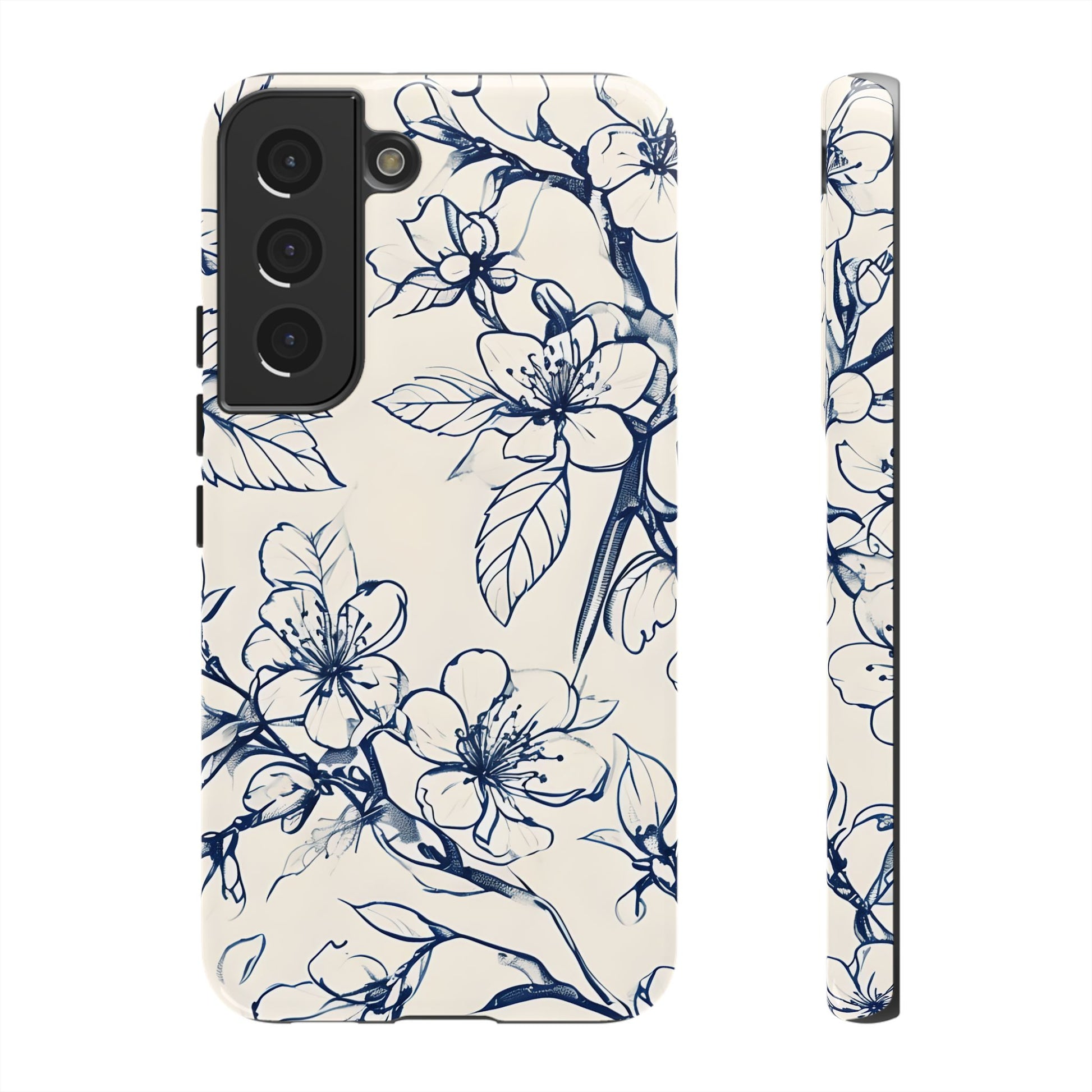 Blossom Sketch - Artistic Blue Floral Samsung Galaxy S22 Tough Phone Case - Hand-Drawn Botanical Design