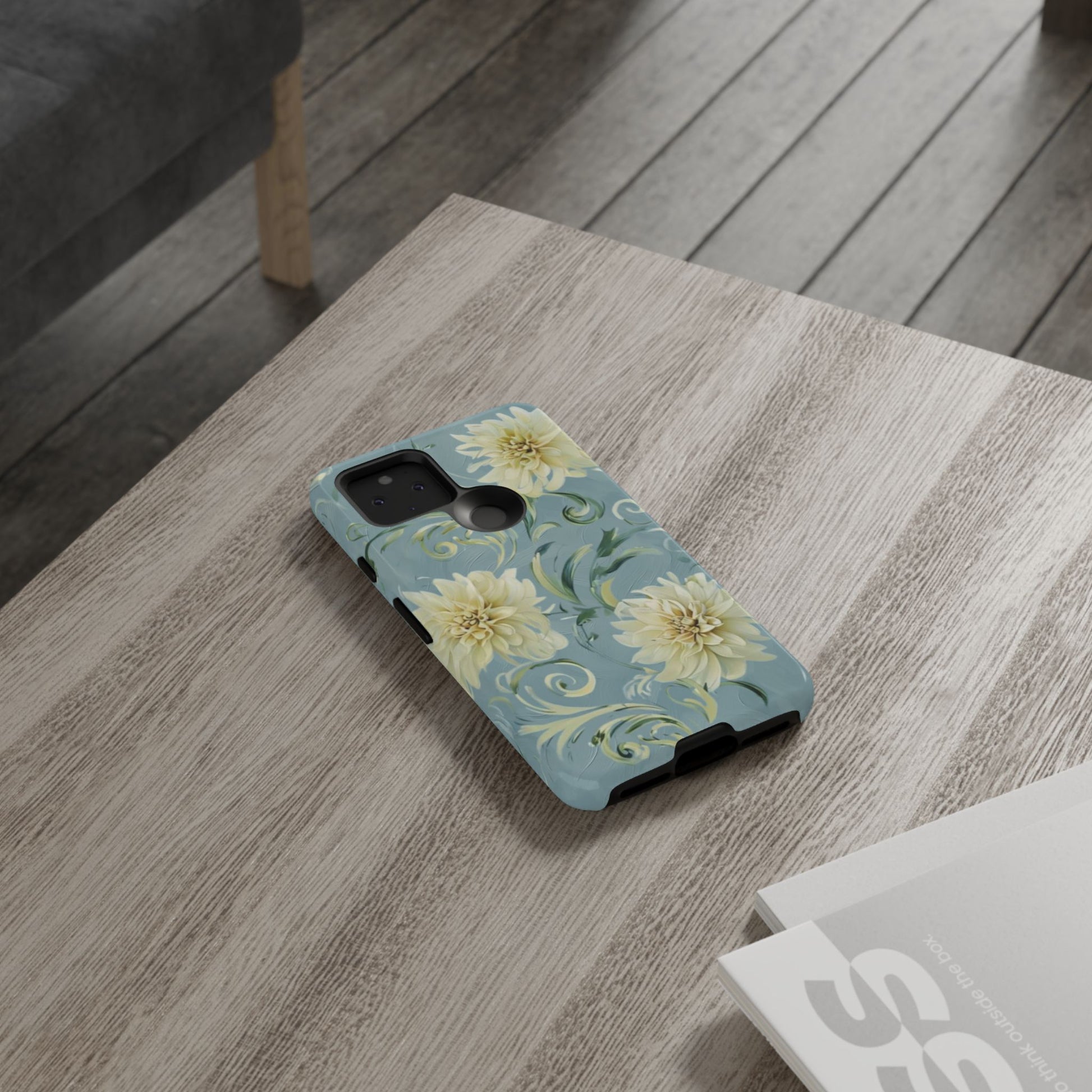 Golden Dahlia Trio - Elegant Floral Google Pixel 5 5G Tough Phone Case - Artistic White & Blue Dahlia Design