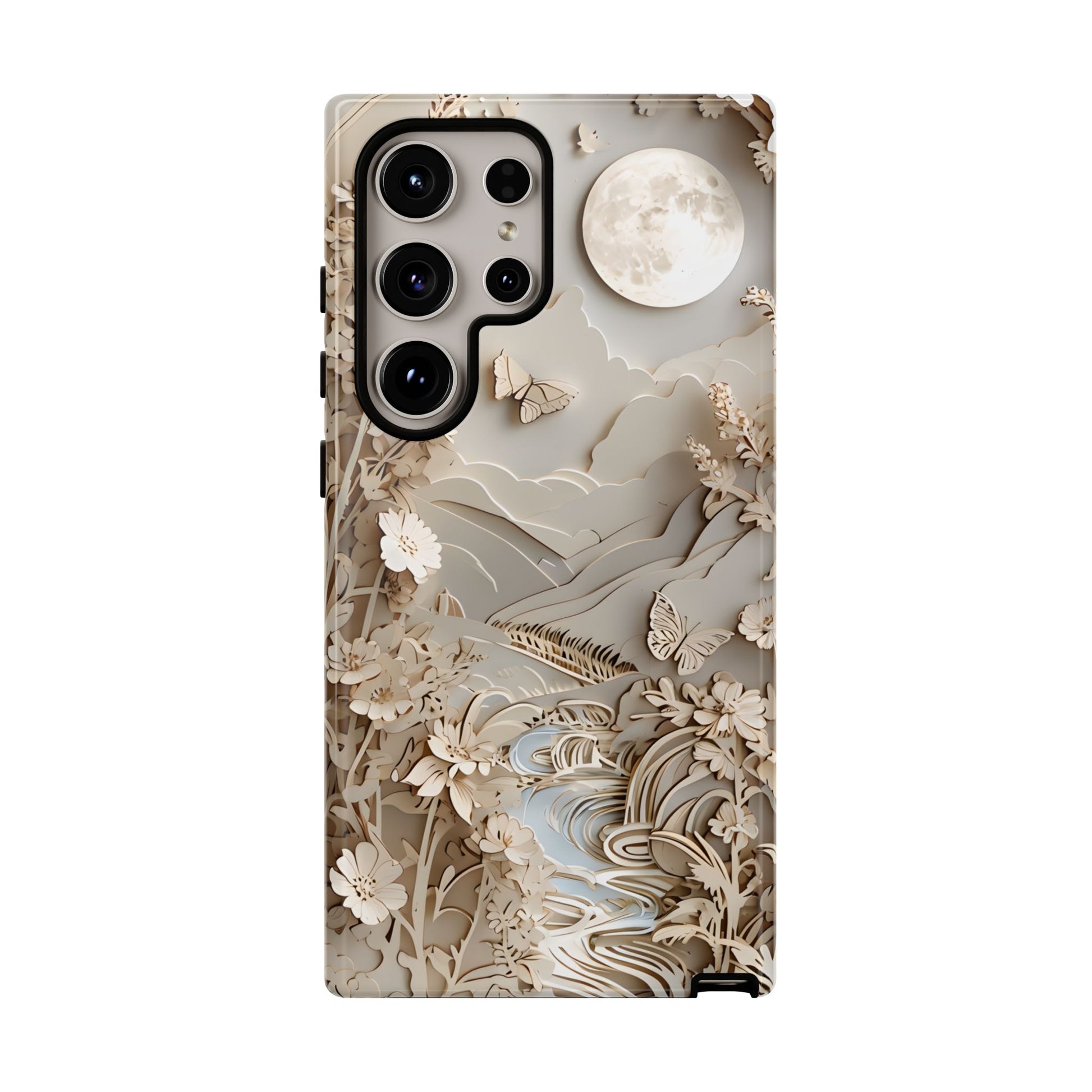 Moonlit Garden - Elegant Neutral Floral Samsung Galaxy S24 Ultra Tough Phone Case - Painterly Botanical & Moon Design