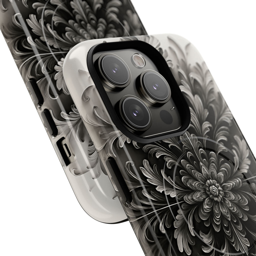 Obsidian Bloom - Elegant Black & White iPhone 14 Pro MagSafe Phone Case - Intricate Mandala Flower Design