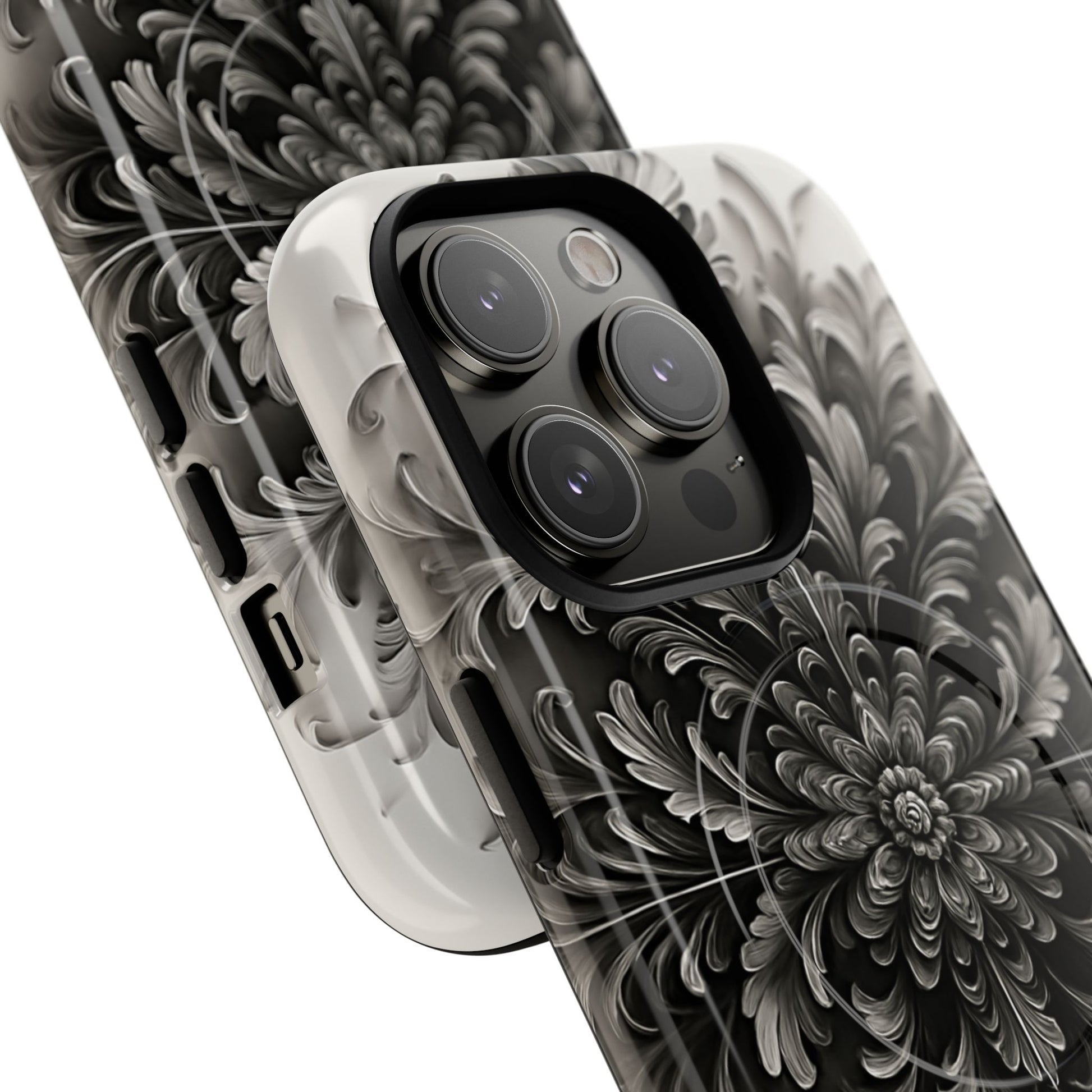 Obsidian Bloom - Elegant Black & White iPhone 14 Pro MagSafe Phone Case - Intricate Mandala Flower Design