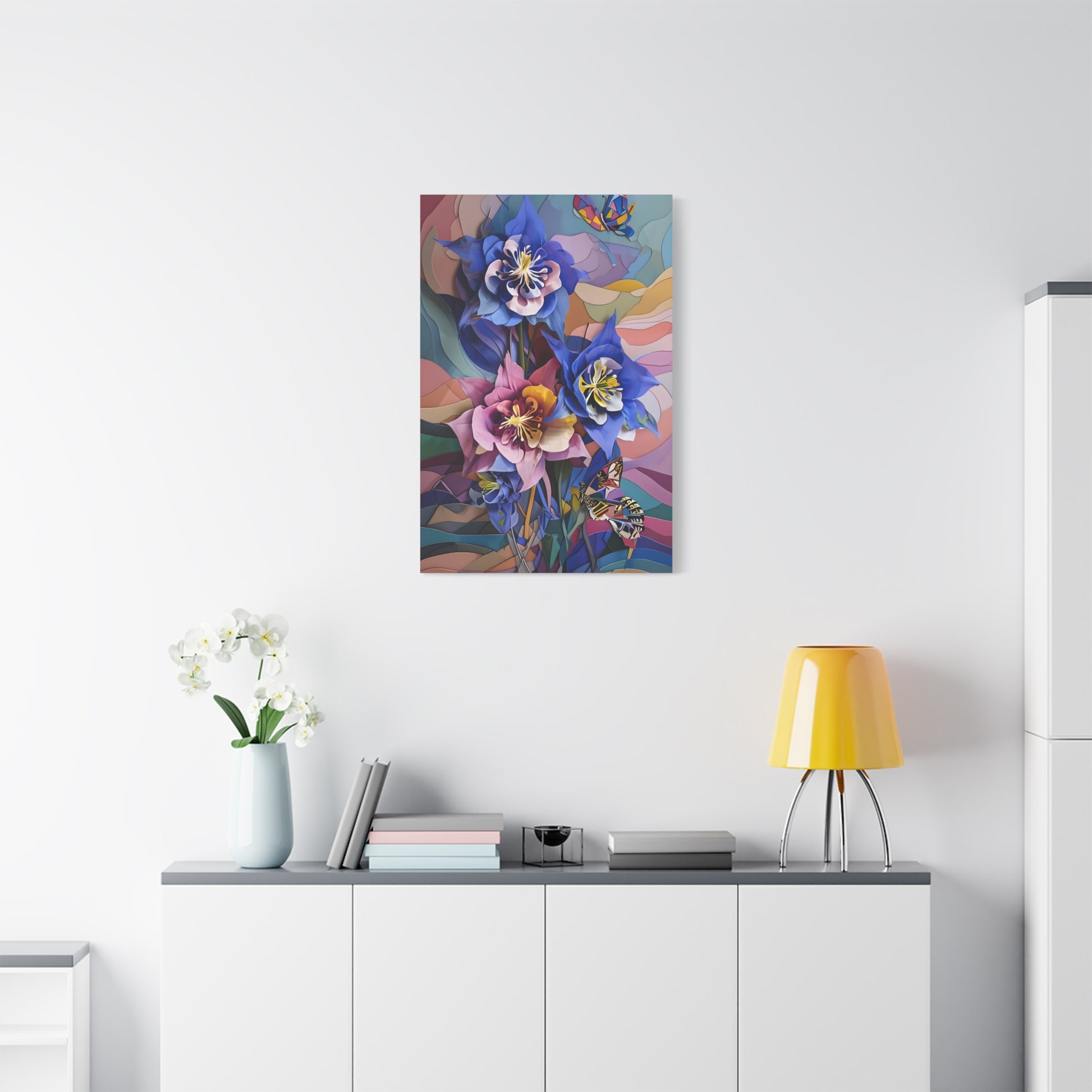 Blue Columbine Carnivale wall art canvas displayed above a modern white console table in a bright living room