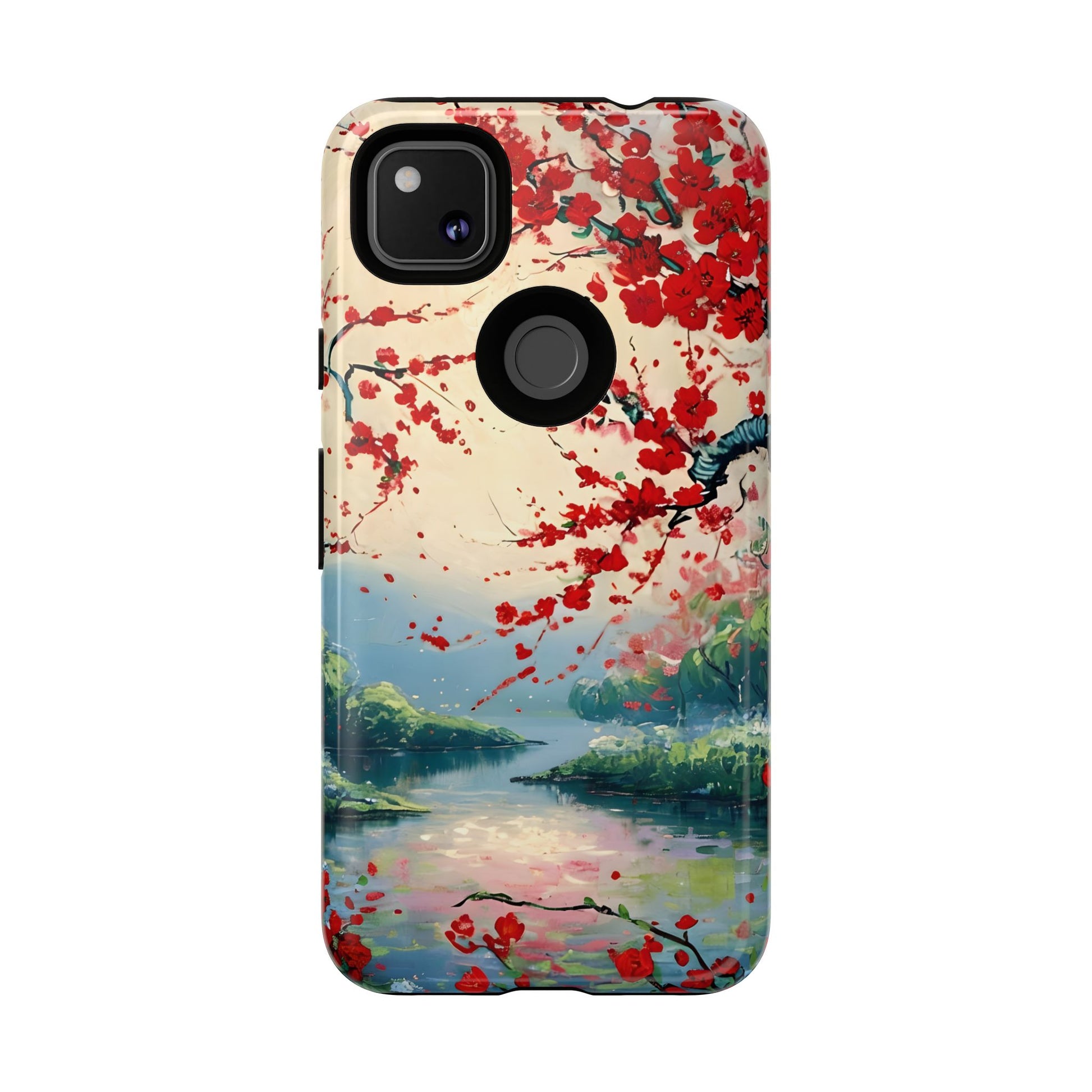 Crimson Blossom Lake - Artistic Floral Landscape Google Pixel 4a Tough Phone Case - Red Cherry Blossoms & Serene Lake Design