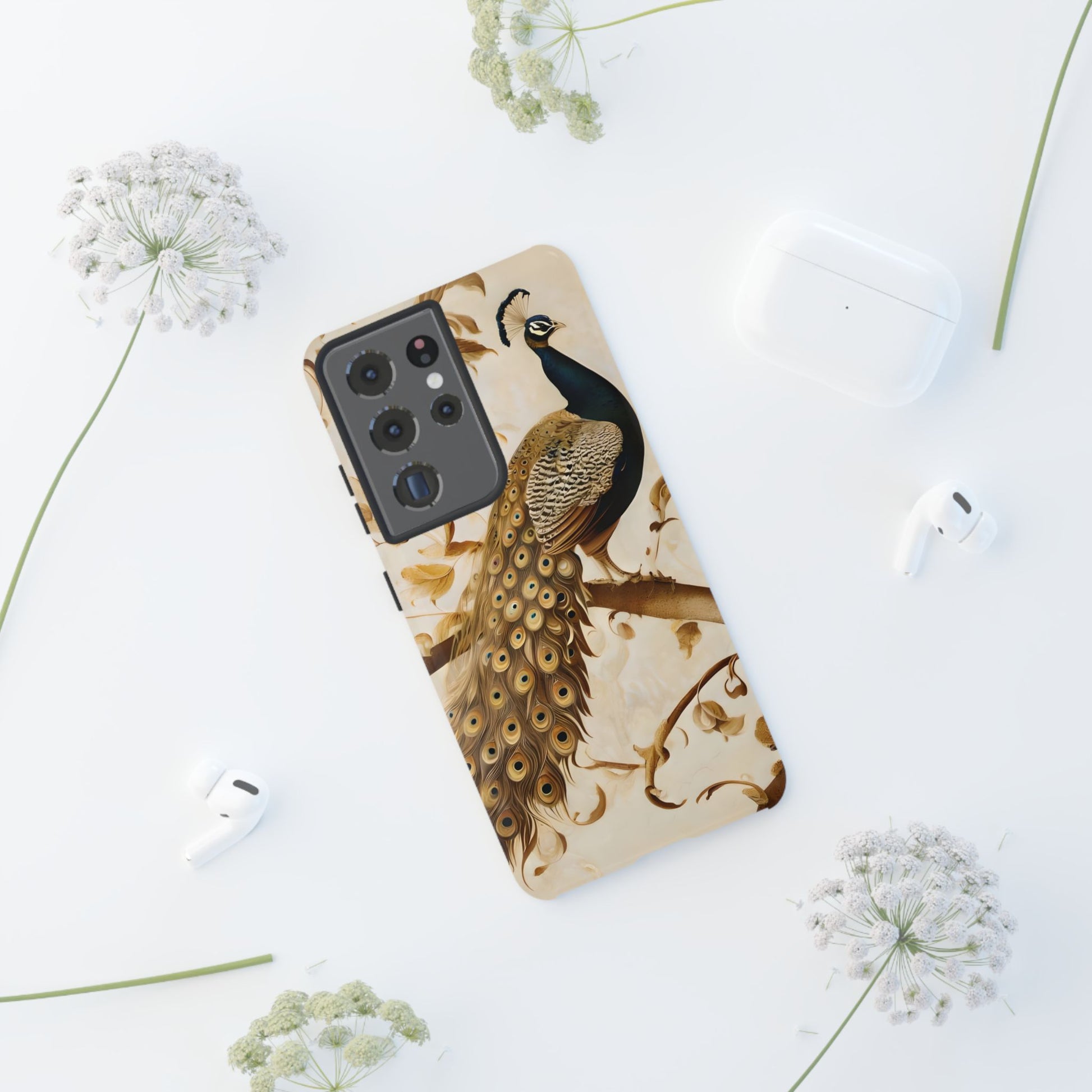 Golden Plumage - Luxe Peacock Art Samsung Galaxy S21 Ultra Phone Case - Elegant Gold & Cream Design