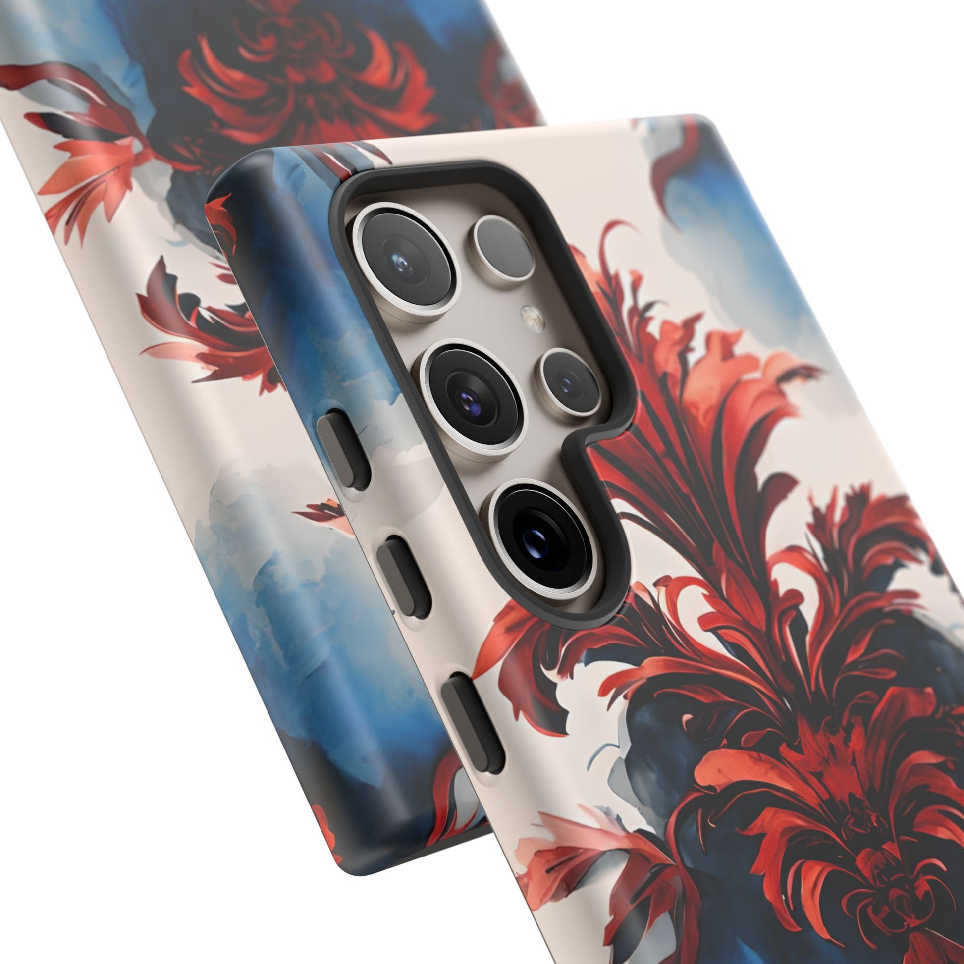 Crimson Plume - Bold Artistic Feather Samsung Galaxy S24 Ultra Tough Phone Case - Dramatic Red & Blue Design