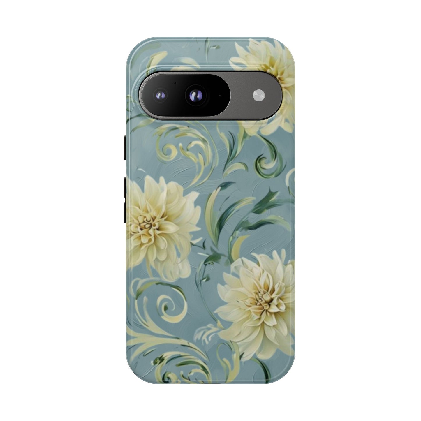 Golden Dahlia Trio - Elegant Floral Google Pixel Tough Phone Case - Artistic White & Blue Dahlia Design