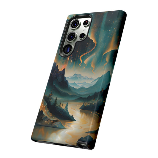 Aurora Dreamscape Samsung Galaxy phone case angled view featuring surreal northern lights landscape artwork