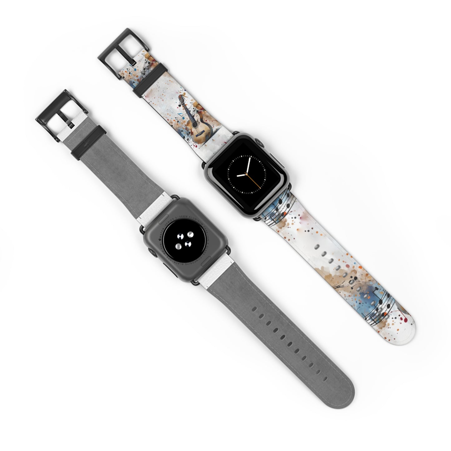 Strum and Flow Apple Watch bands shown on two watches front and back highlighting guitar and music-themed artwork