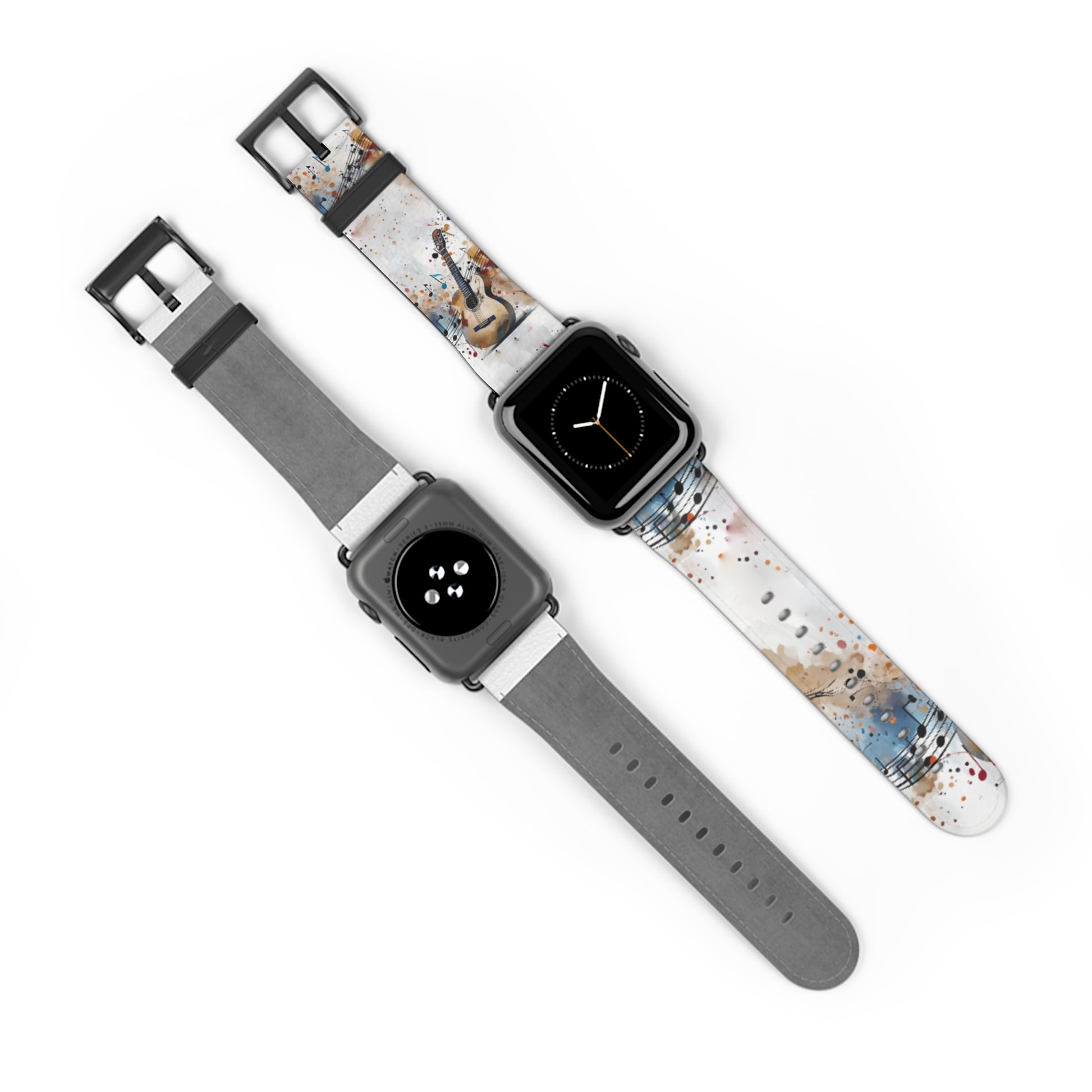 Strum and Flow Apple Watch bands shown on two watches front and back highlighting guitar and music-themed artwork