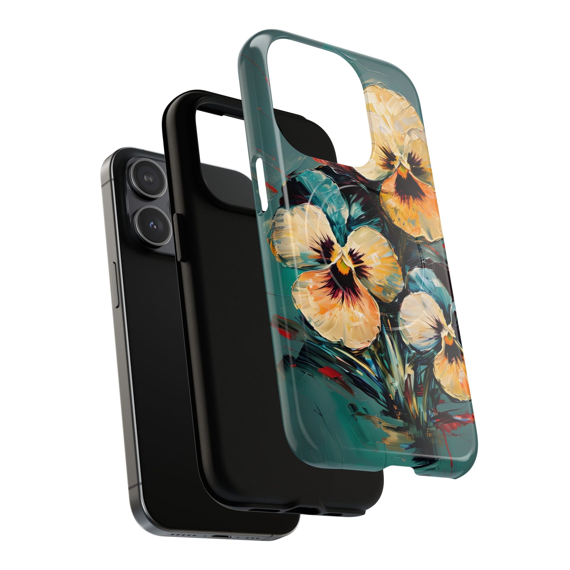 Golden Pansy Cascade - Elegant Floral iPhone 15 Pro MagSafe Case with Deep Teal Background