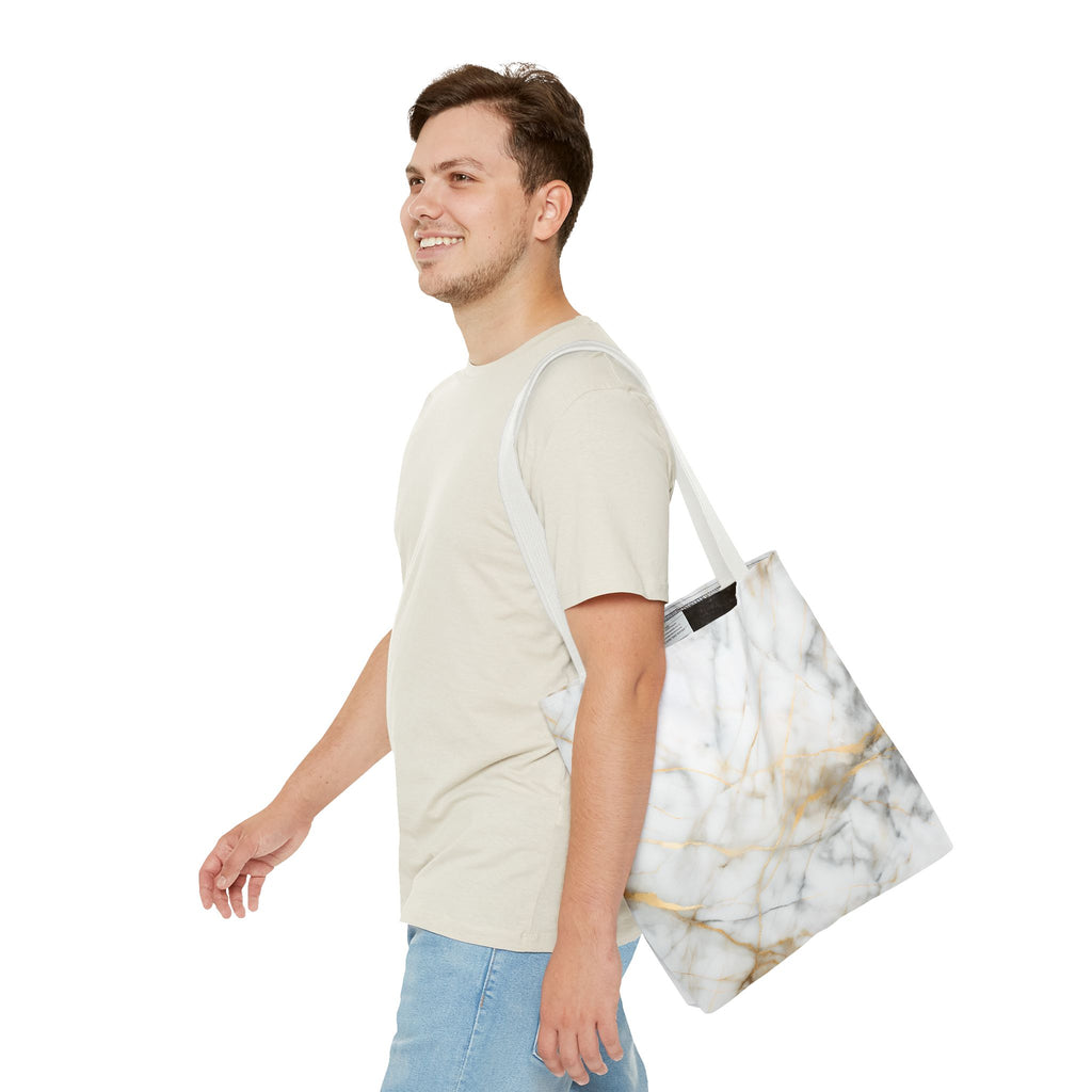 Golden Vein Marble Tote Bag (16x16 & 18x18)- Elegant White Marble with Gold Accents, Reusable & Eco-Friendly
