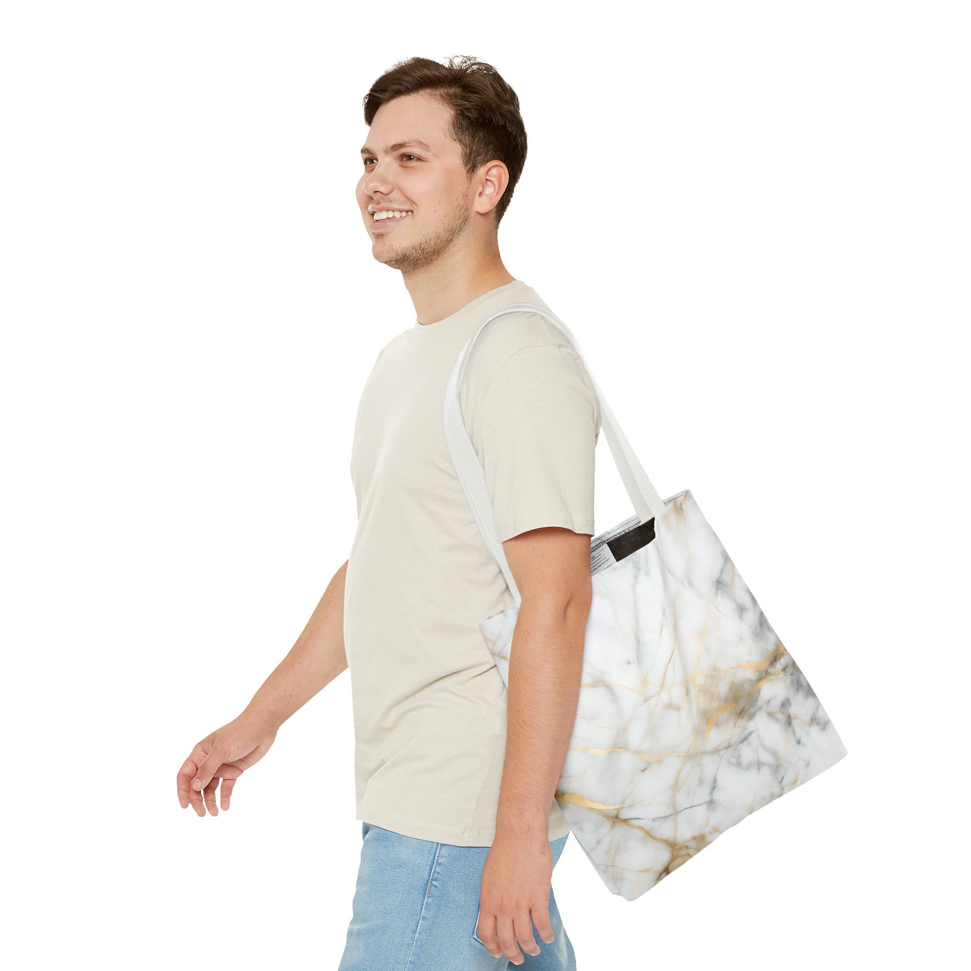 Golden Vein Marble Tote Bag (16x16 & 18x18)- Elegant White Marble with Gold Accents, Reusable & Eco-Friendly