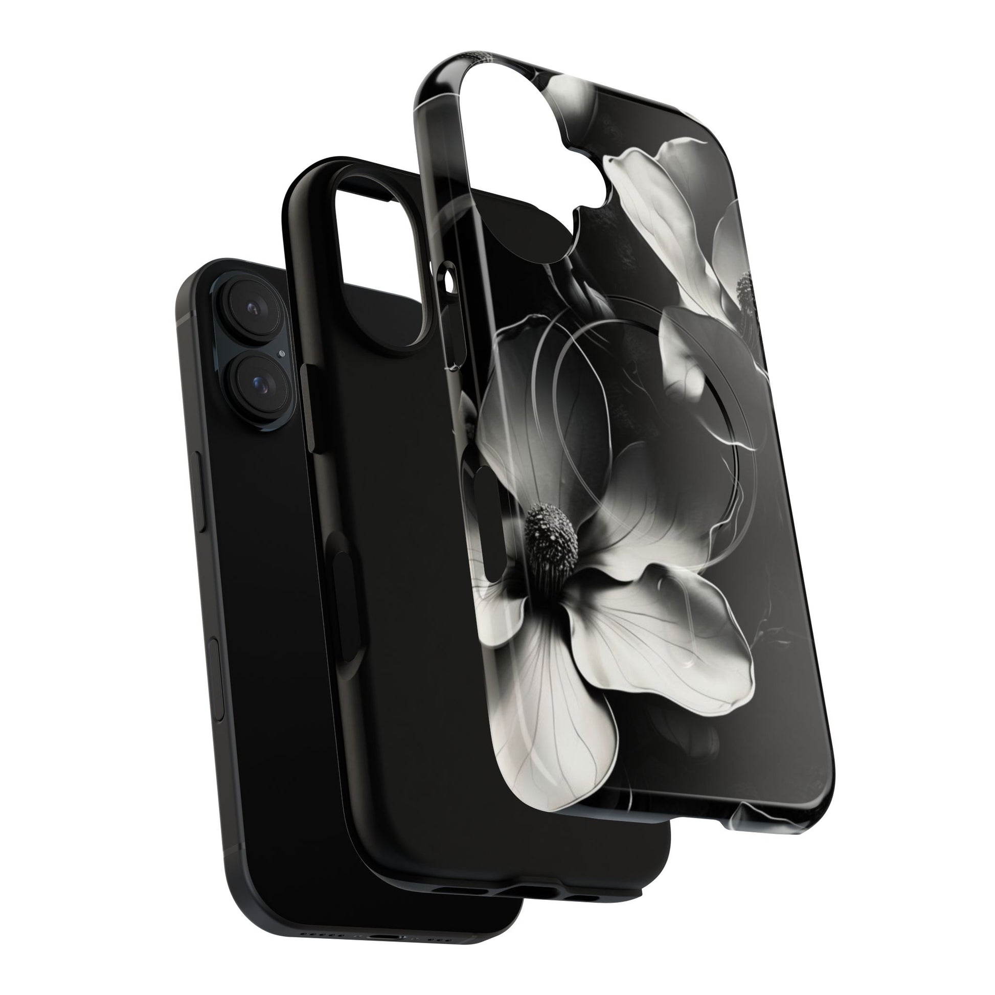 Monochrome Magnolia - Elegant Black & White Floral iPhone 16 MagSafe Phone Case - Artistic Magnolia Design
