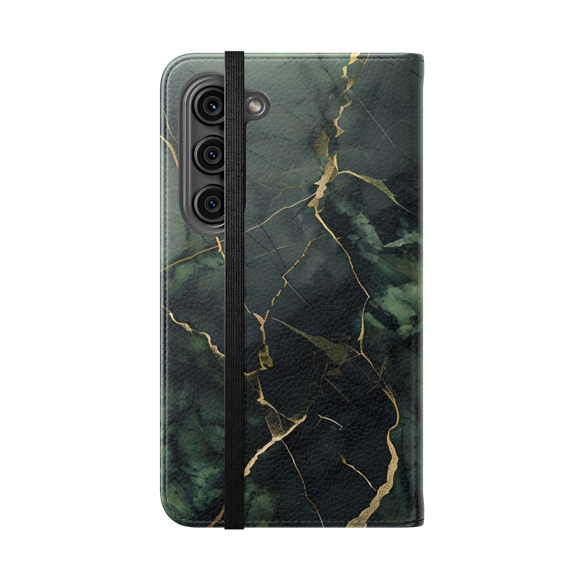 Verdant Vein - Flip Phone Case for Samsung Galaxy S23 - Green and Gold Marble Design