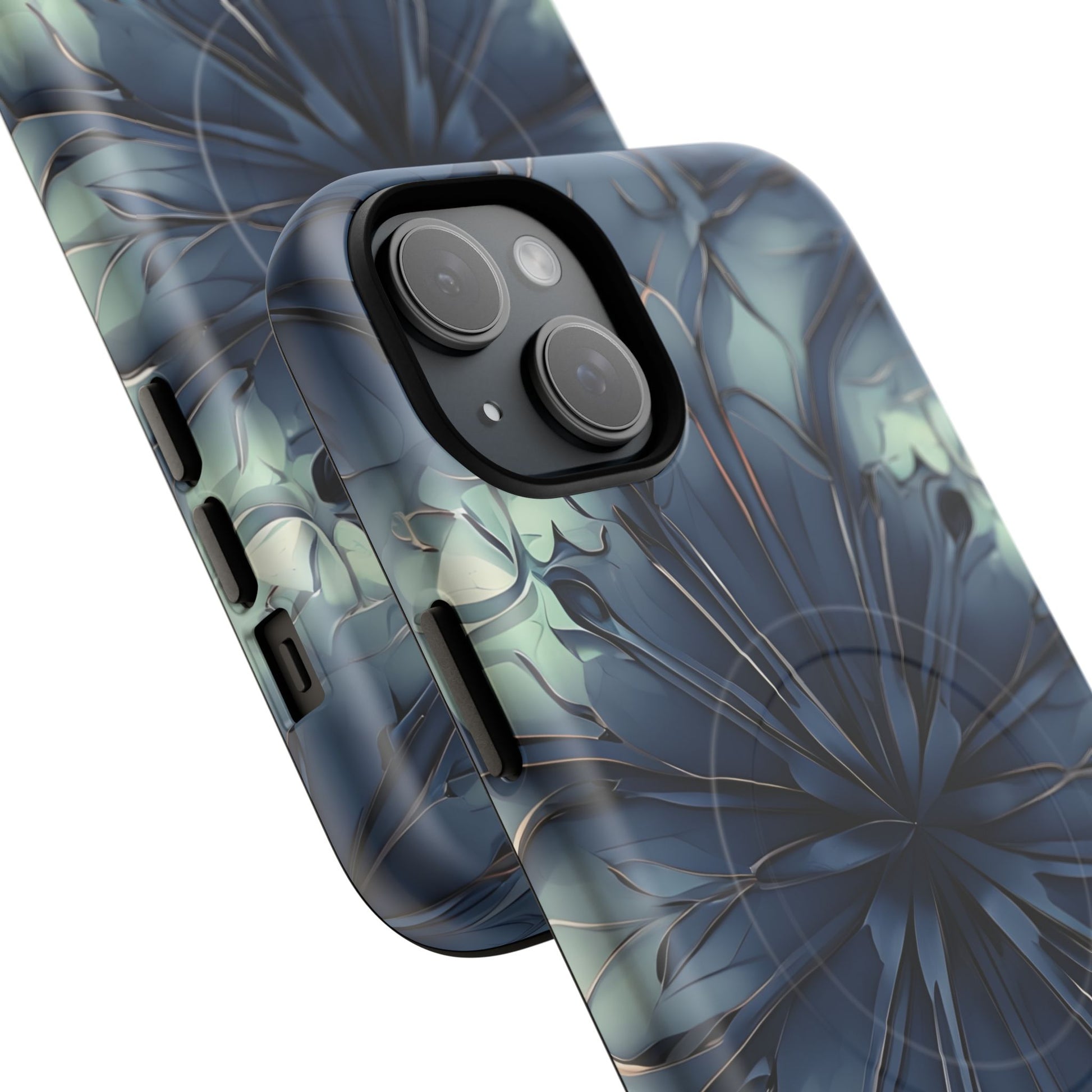 Indigo Mosaic - Artistic Kaleidoscope Collection Artistic Floral - iPhone 15 Plus MagSafe Phone Case -Bold Blue Symmetrical Design