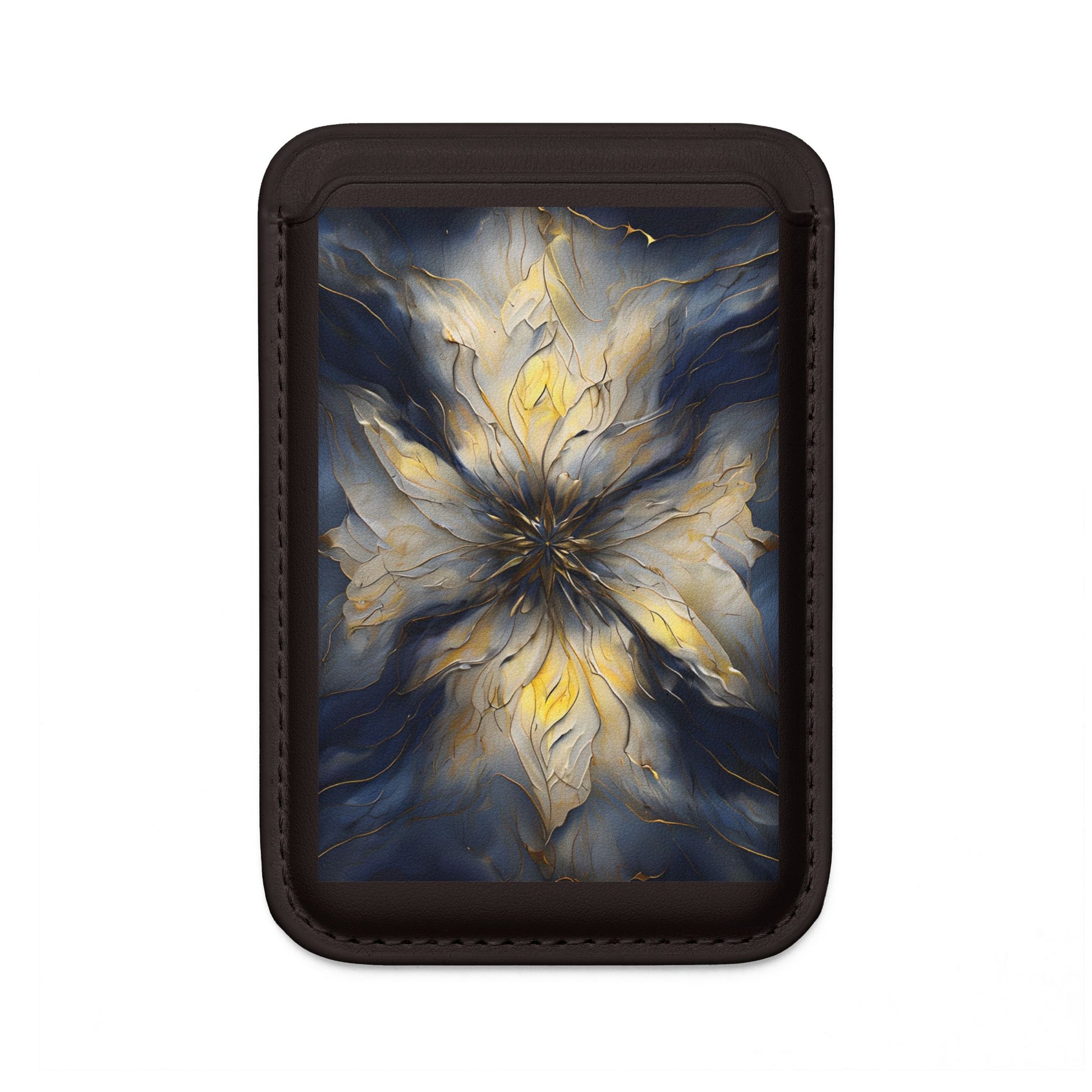 Luminous Petal abstract gold and ivory floral mandala artwork MagSafe card holder on black magnetic wallet for iPhone