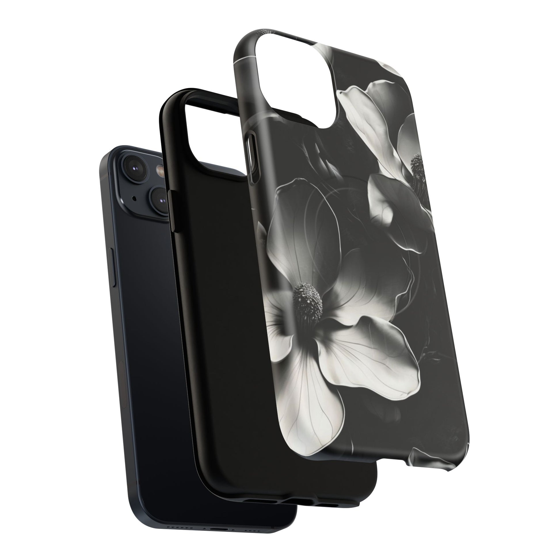 Monochrome Magnolia - Elegant Black & White Floral iPhone 14 Plus MagSafe Phone Case - Artistic Magnolia Design