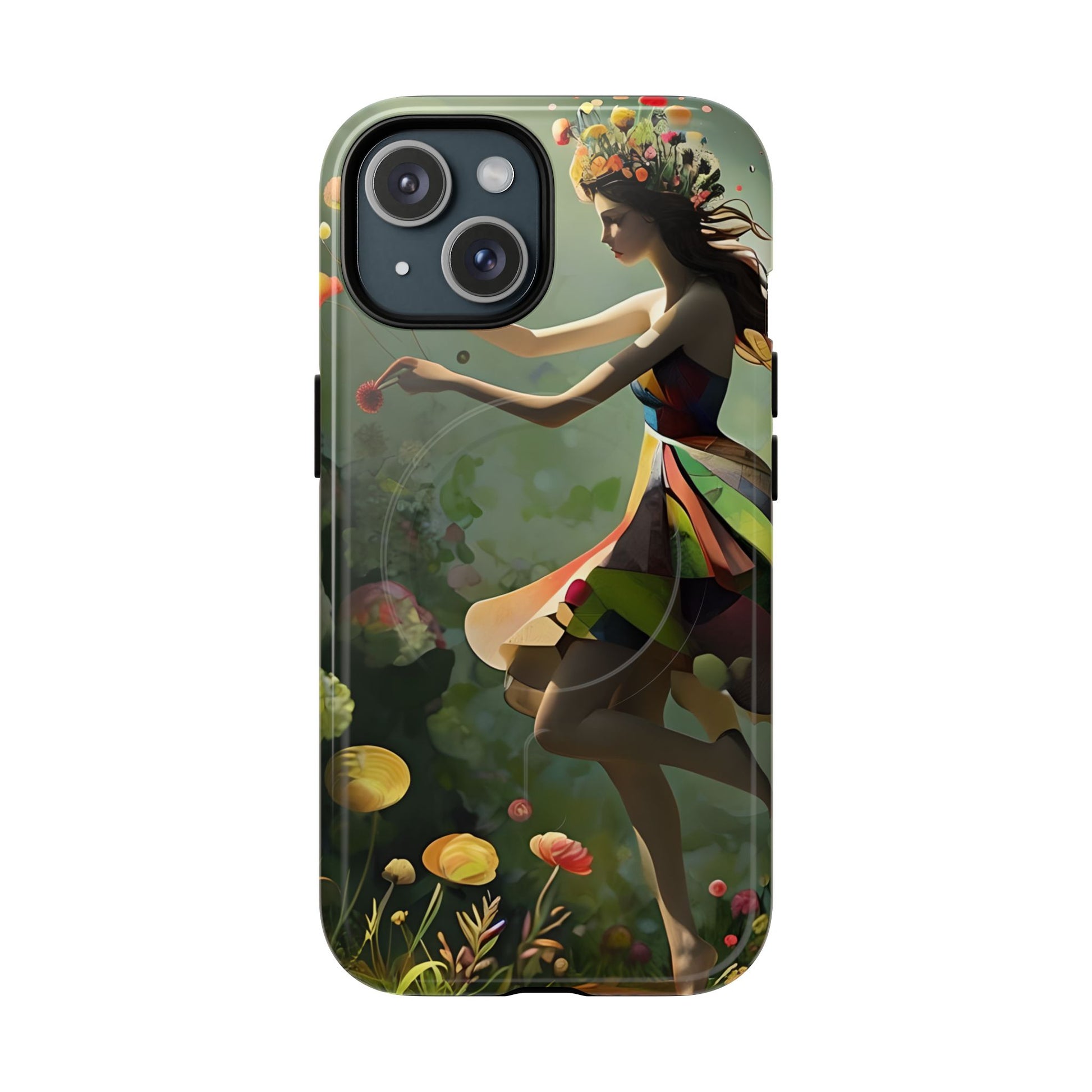 Dancing Wildflower Muse iPhone 15 - Artistic Floral Fantasy Cover - MagSafe Compatible - Whimsical Nature-Inspired Protective Accessory