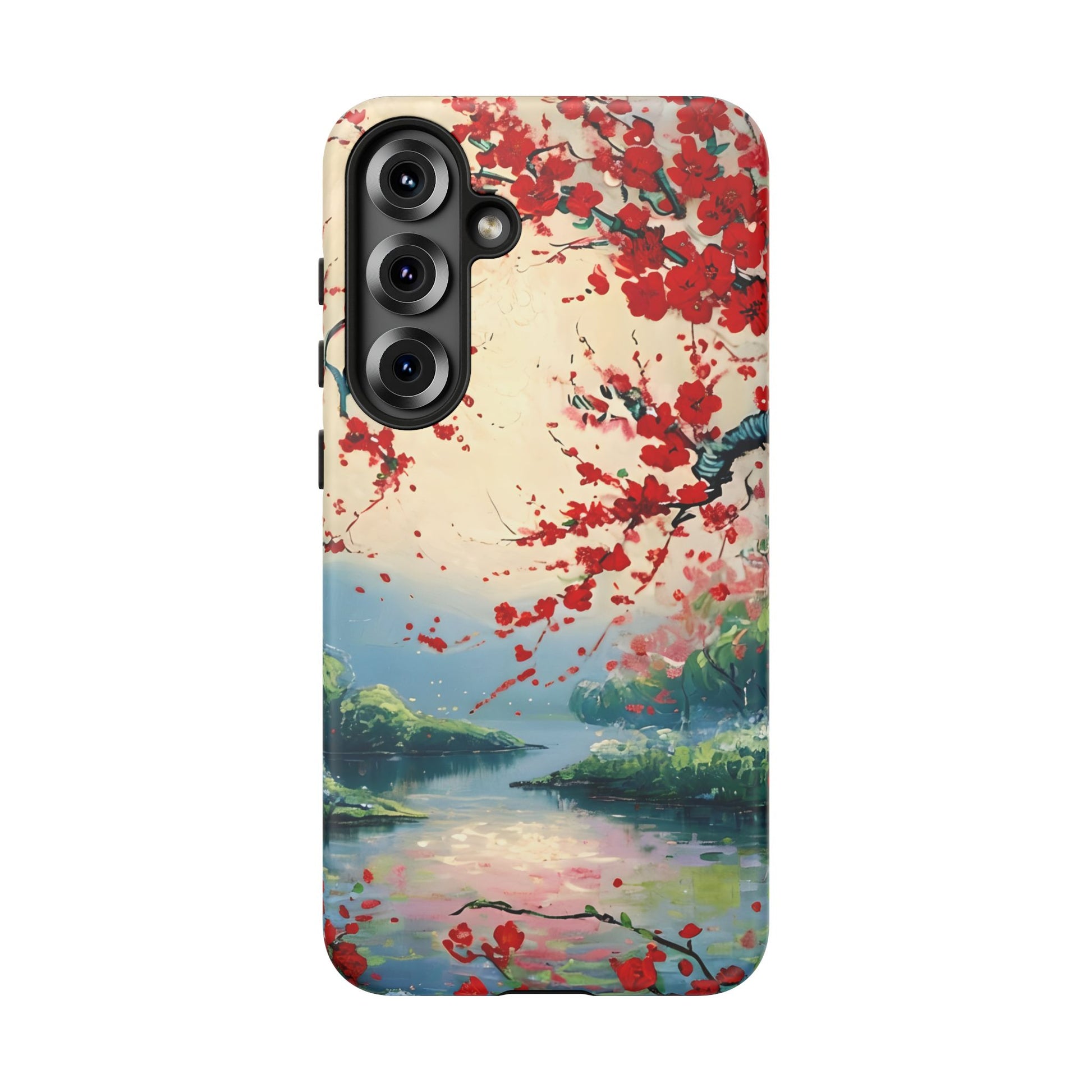 Crimson Blossom Lake - Artistic Floral Landscape Samsung Galaxy S25 Plus Tough Phone Case - Red Cherry Blossoms & Serene Lake Design