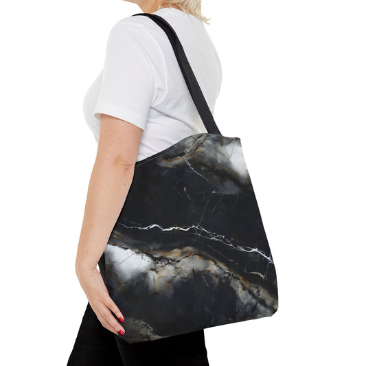Obsidian Vein canvas tote bag worn over shoulder displaying black marble artwork
