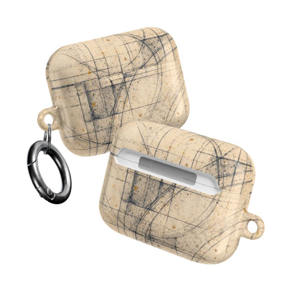 Two Architectural Parchment Blueprint AirPods cases angled view with vintage architectural sketch pattern to show both sides