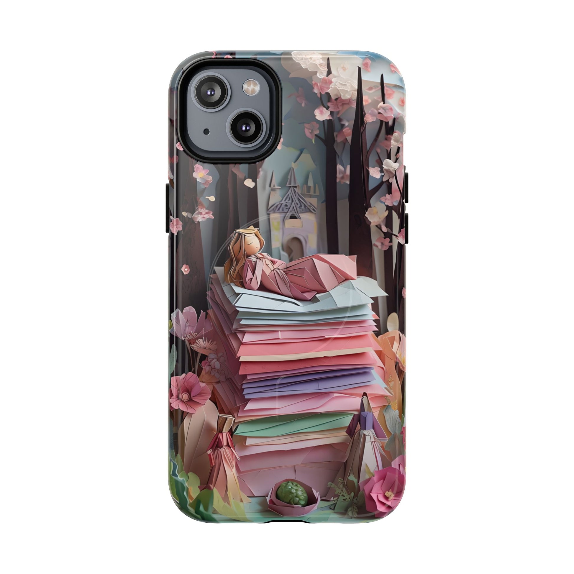 Phone case with fairy tale design featuring a girl and castle