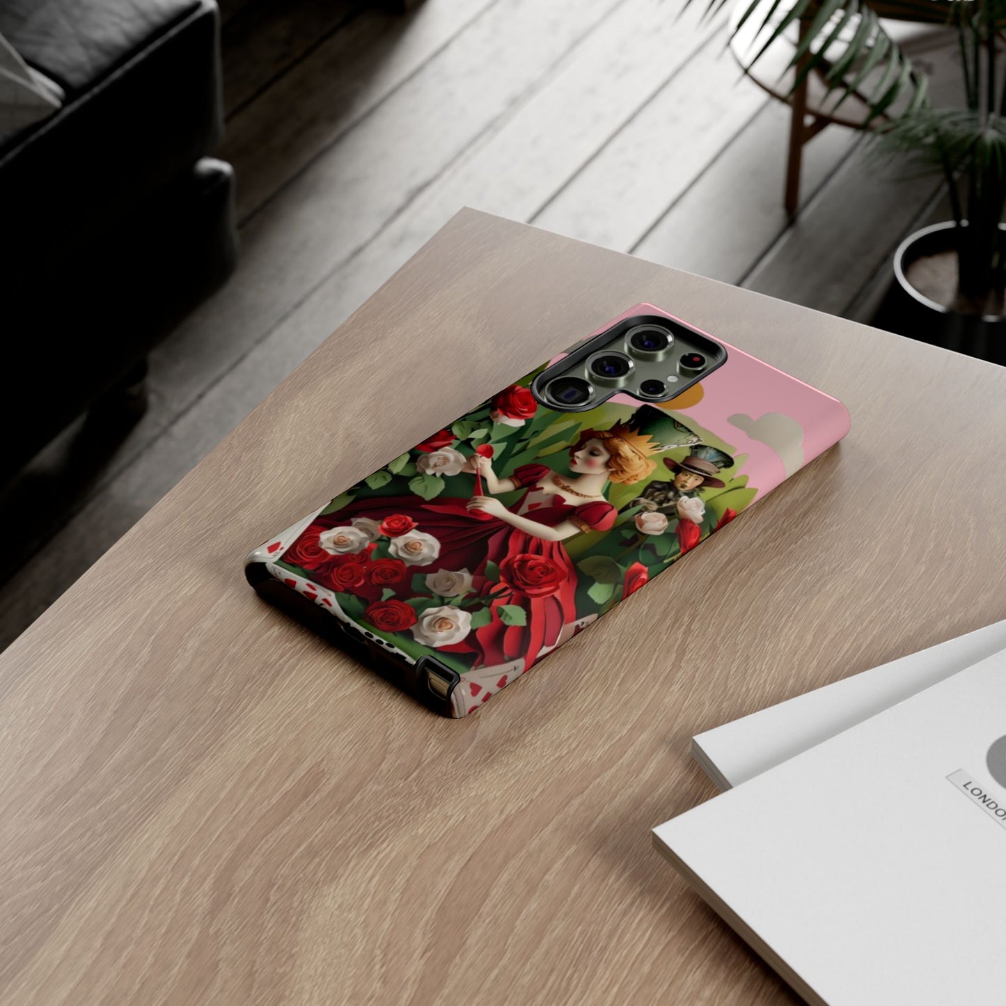Regal Rose Court Samsung Galaxy royal rose phone case on wooden desk beside laptop and notebook, whimsical fairytale lifestyle flat lay