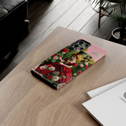 Regal Rose Court Samsung Galaxy royal rose phone case on wooden desk beside laptop and notebook, whimsical fairytale lifestyle flat lay