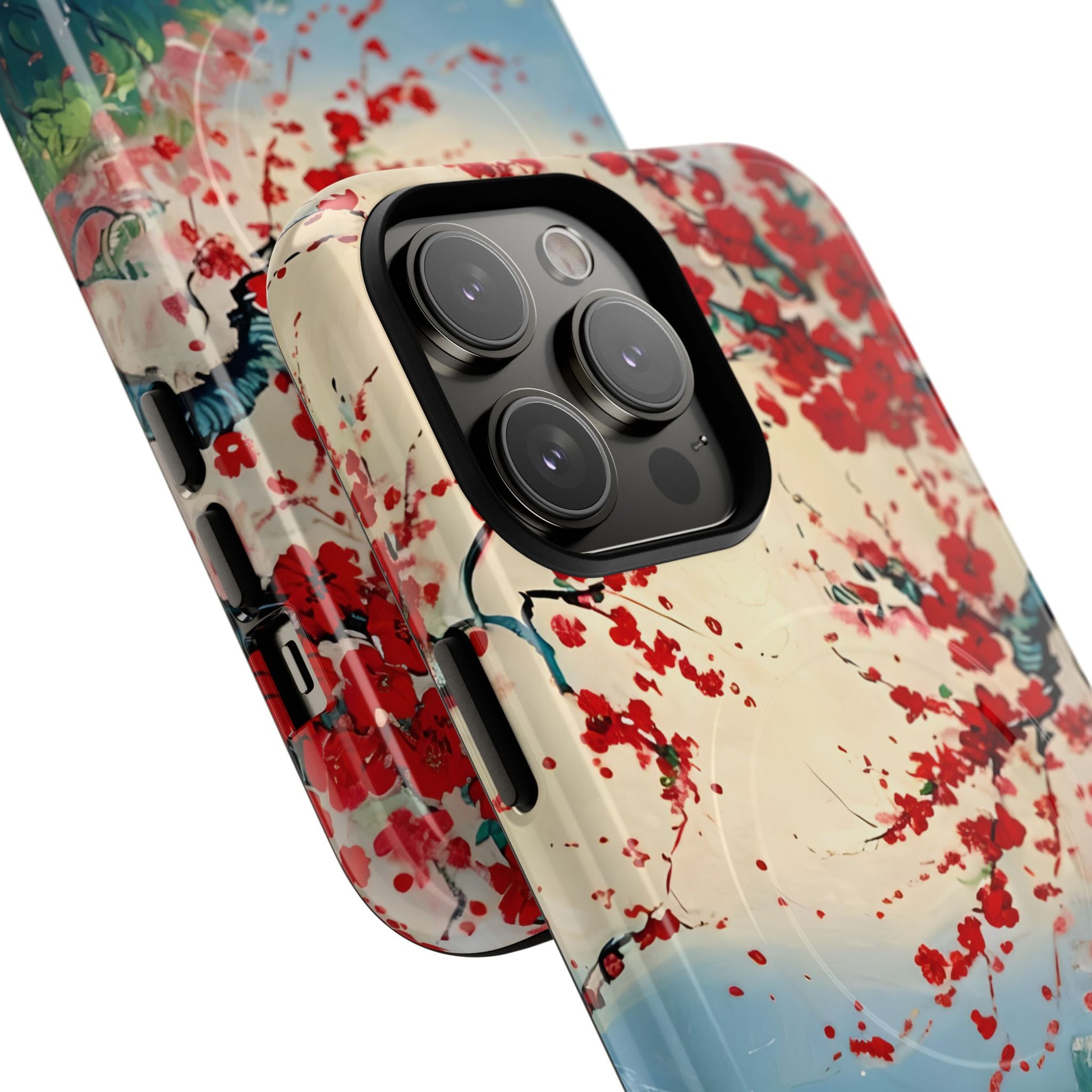 Crimson Blossom Lake - Artistic Floral Landscape iPhone 14 Pro Max MagSafe Phone Case - Red Cherry Blossoms & Serene Lake Design
