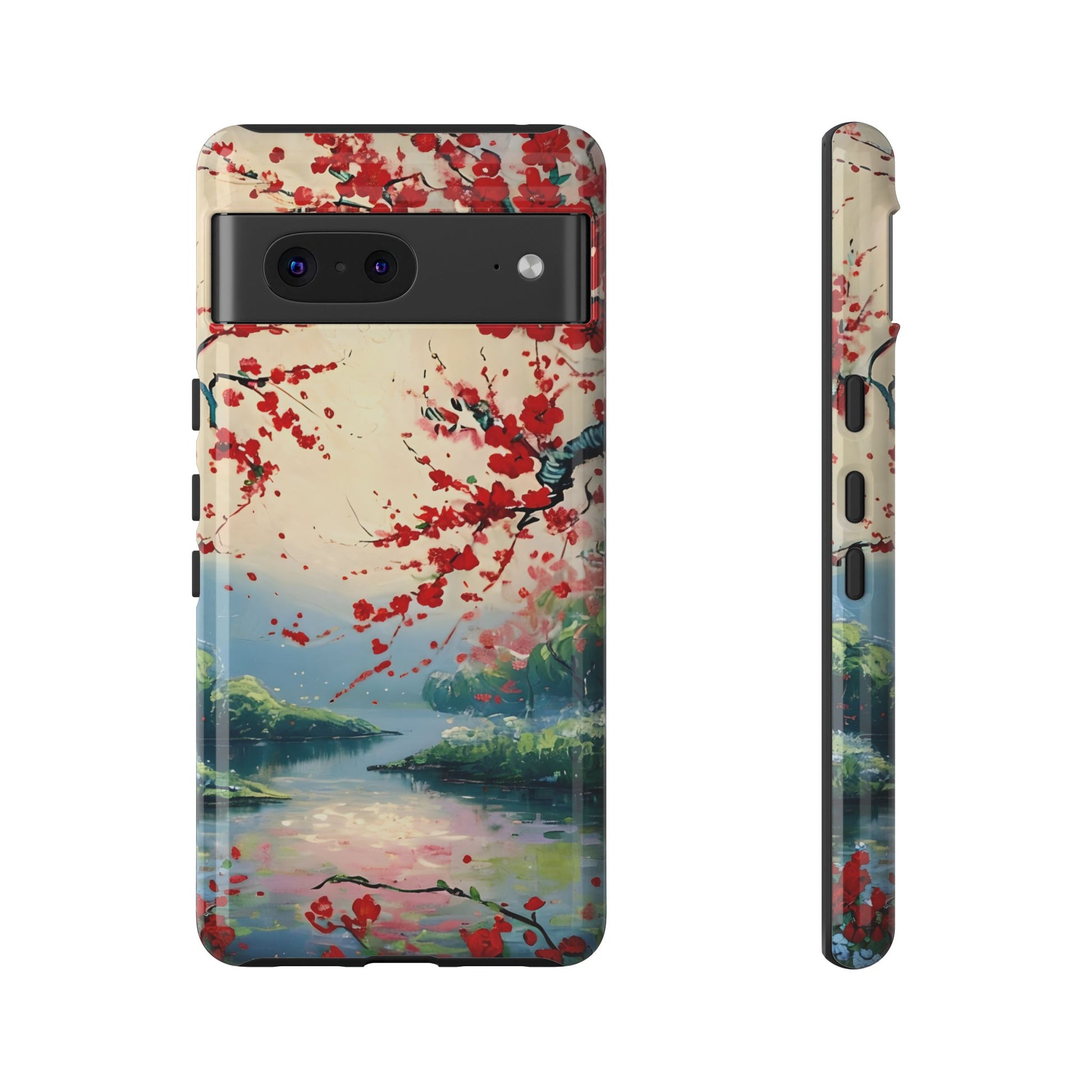 Crimson Blossom Lake - Artistic Floral Landscape Google Pixel 7 Tough Phone Case - Red Cherry Blossoms & Serene Lake Design