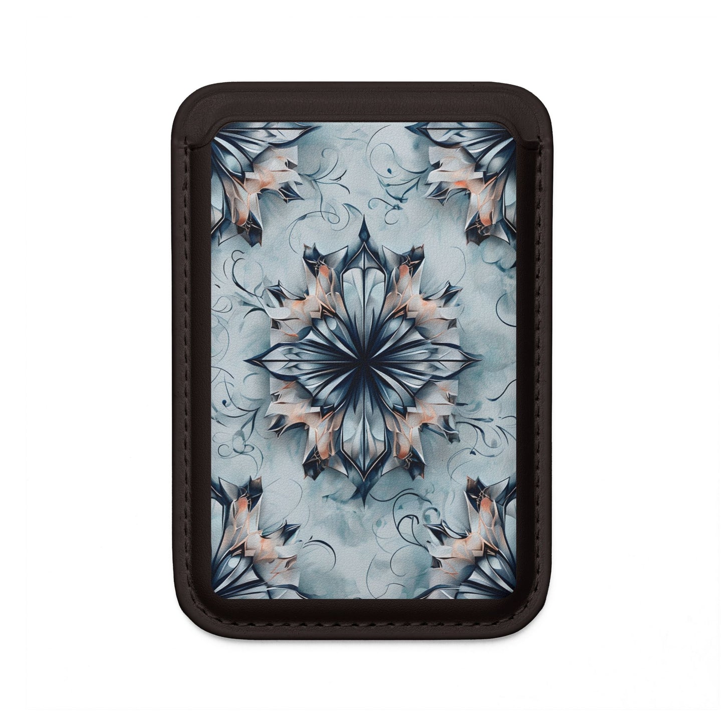 Indigo Mirage MagSafe card holder with blue symmetrical floral pattern on black magnetic wallet.