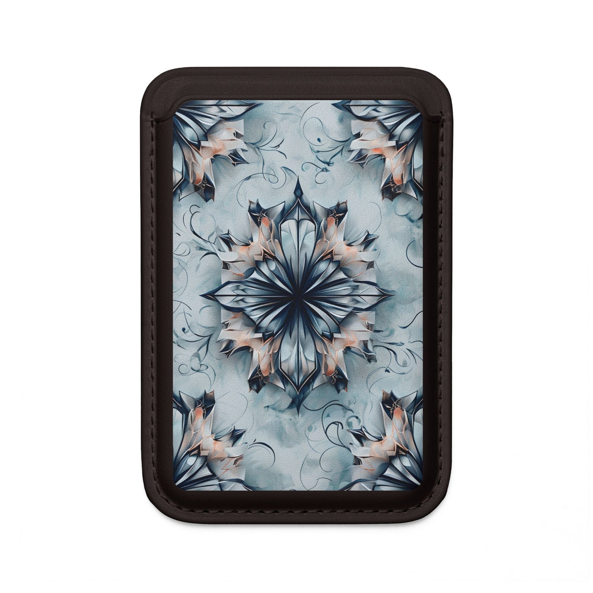Indigo Mirage MagSafe card holder with blue symmetrical floral pattern on black magnetic wallet.