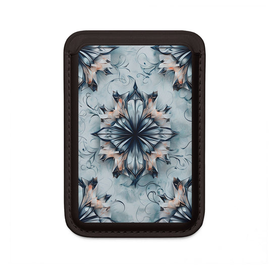 Indigo Mirage MagSafe card holder with blue symmetrical floral pattern on black magnetic wallet.
