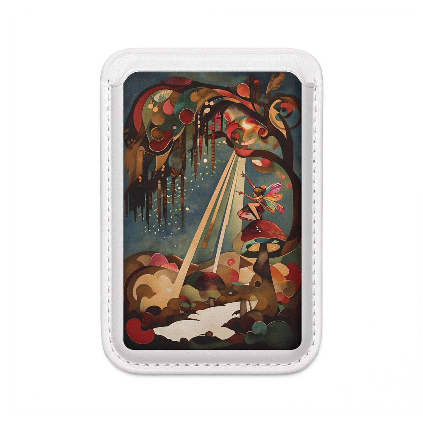 Enchanted Orchard fairy forest illustration MagSafe card holder on white magnetic wallet