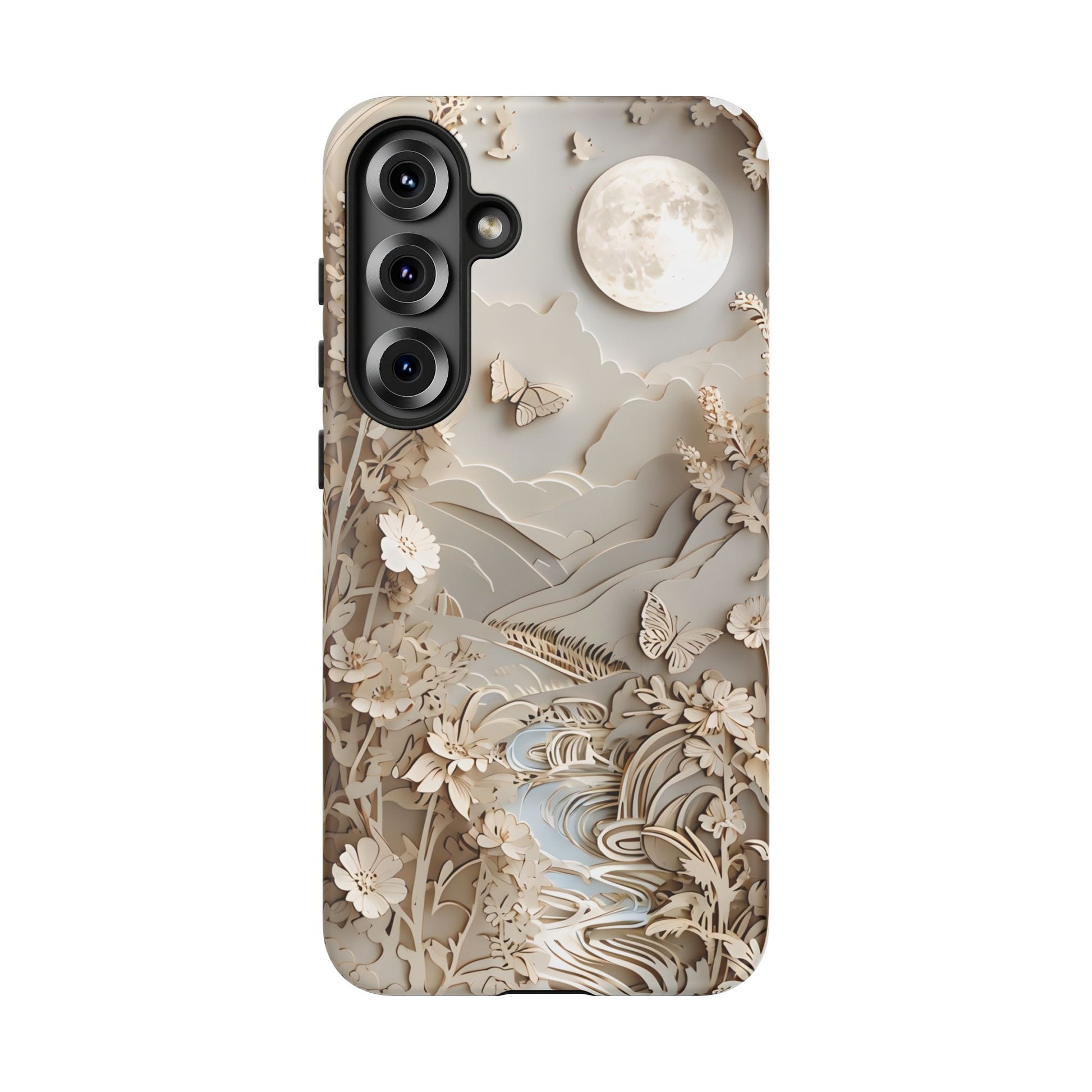 Moonlit Garden - Elegant Neutral Floral Samsung Galaxy S25 Plus Tough Phone Case - Painterly Botanical & Moon Design