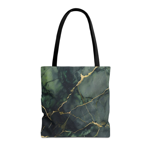 Verdant Vein canvas tote bag featuring green marble pattern with black handles