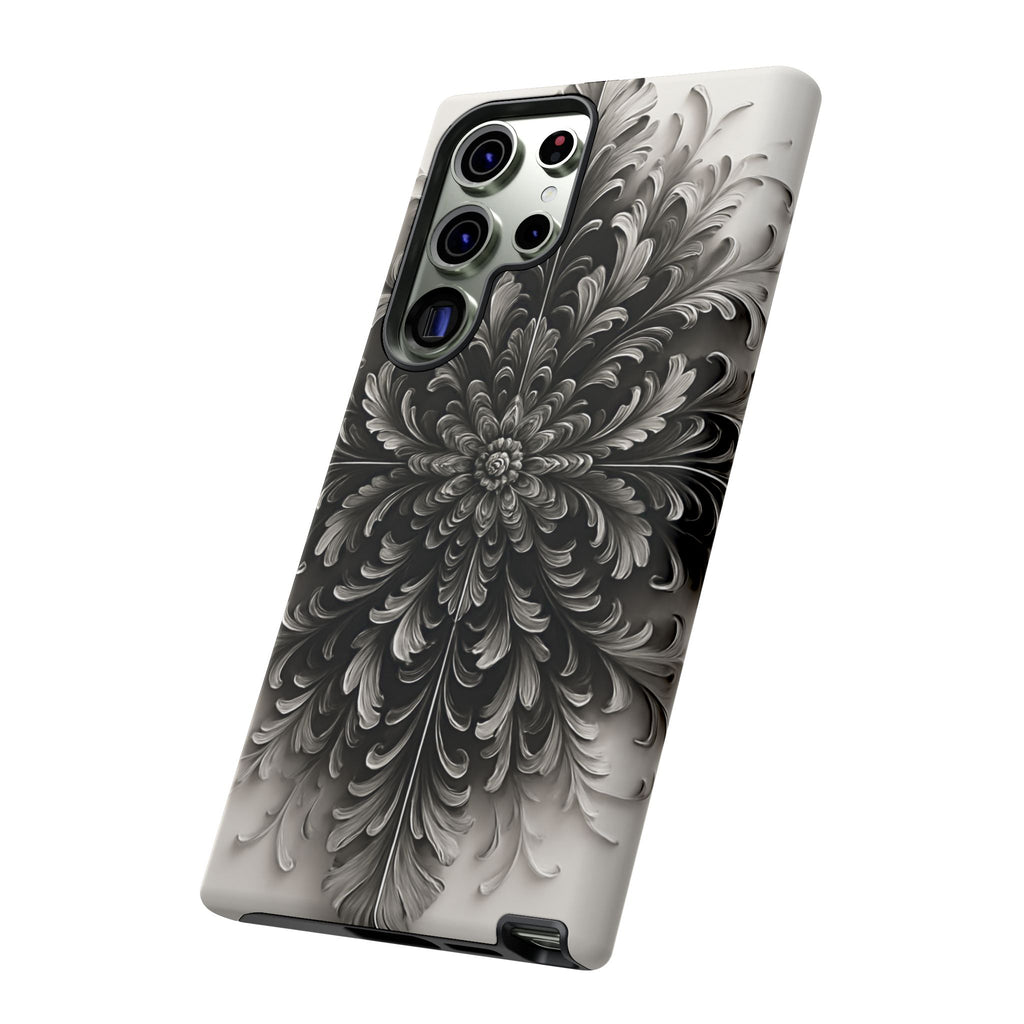 Obsidian Bloom - Elegant Black & White Samsung Galaxy S23 Ultra Tough Phone Case - Intricate Mandala Flower Design