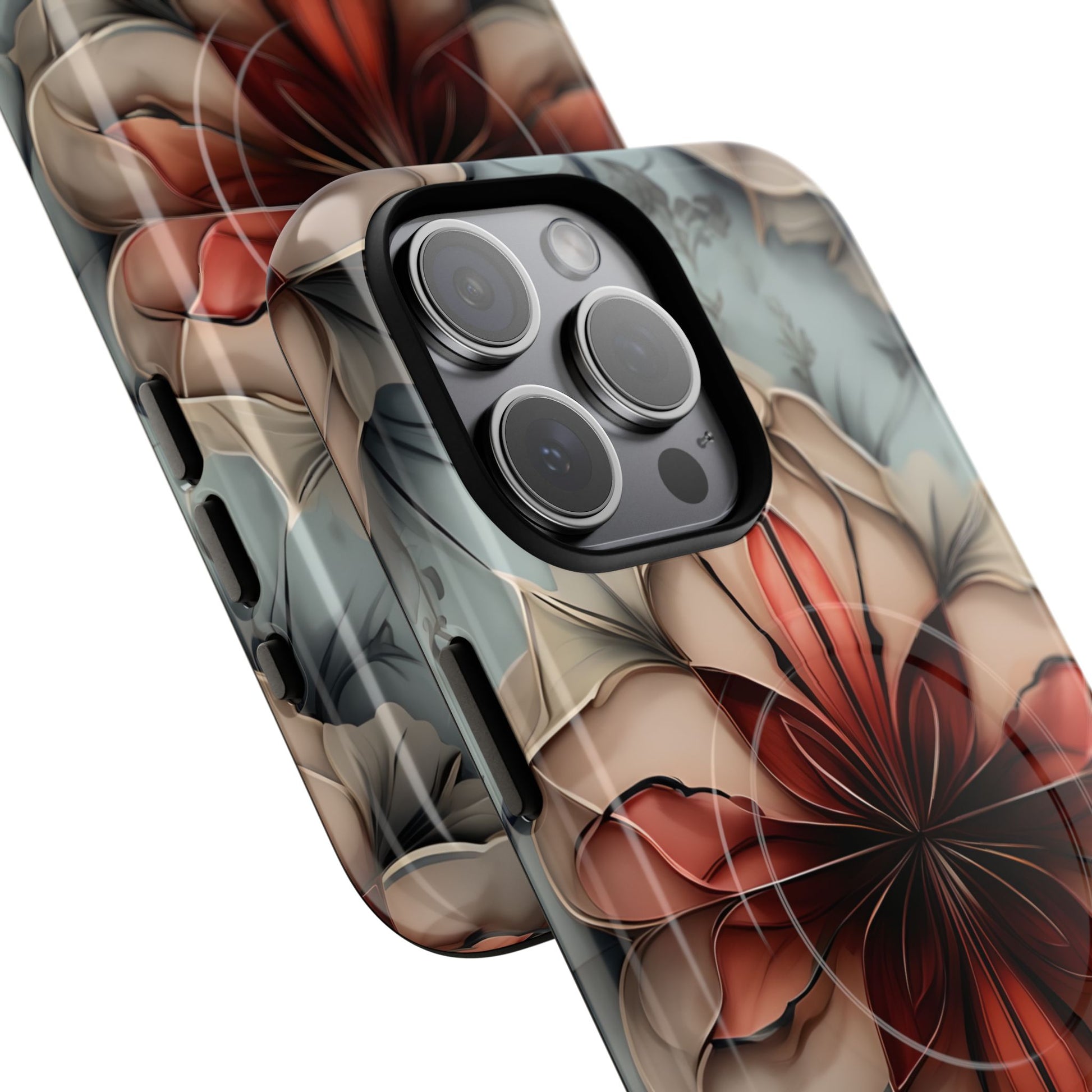 Ember Bloom - Kaleidoscope Collection Artistic Floral iPhone 15 Pro Max MagSafe Phone Case - Fiery Symmetrical Design