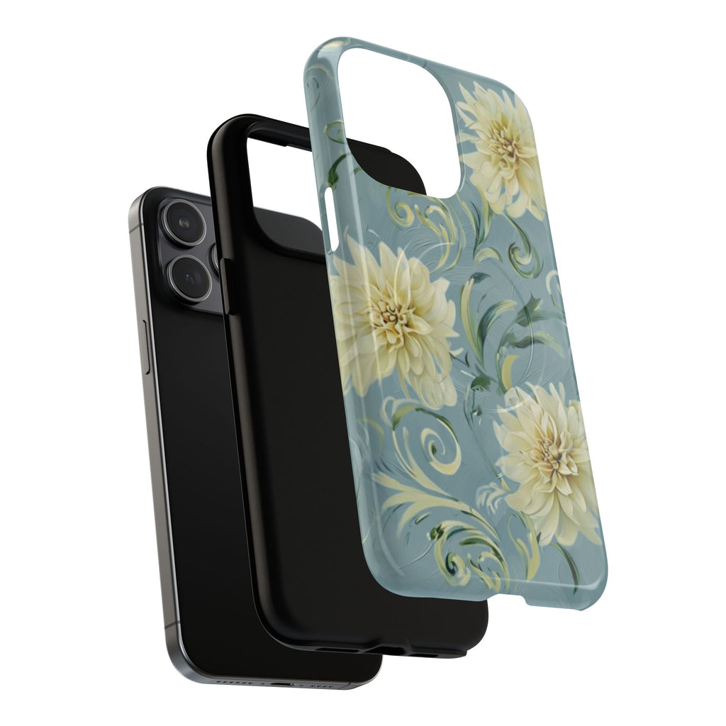 Golden Dahlia Trio - Elegant Floral iPhone 15 Pro Max MagSafe Phone Case - Artistic White & Blue Dahlia Design