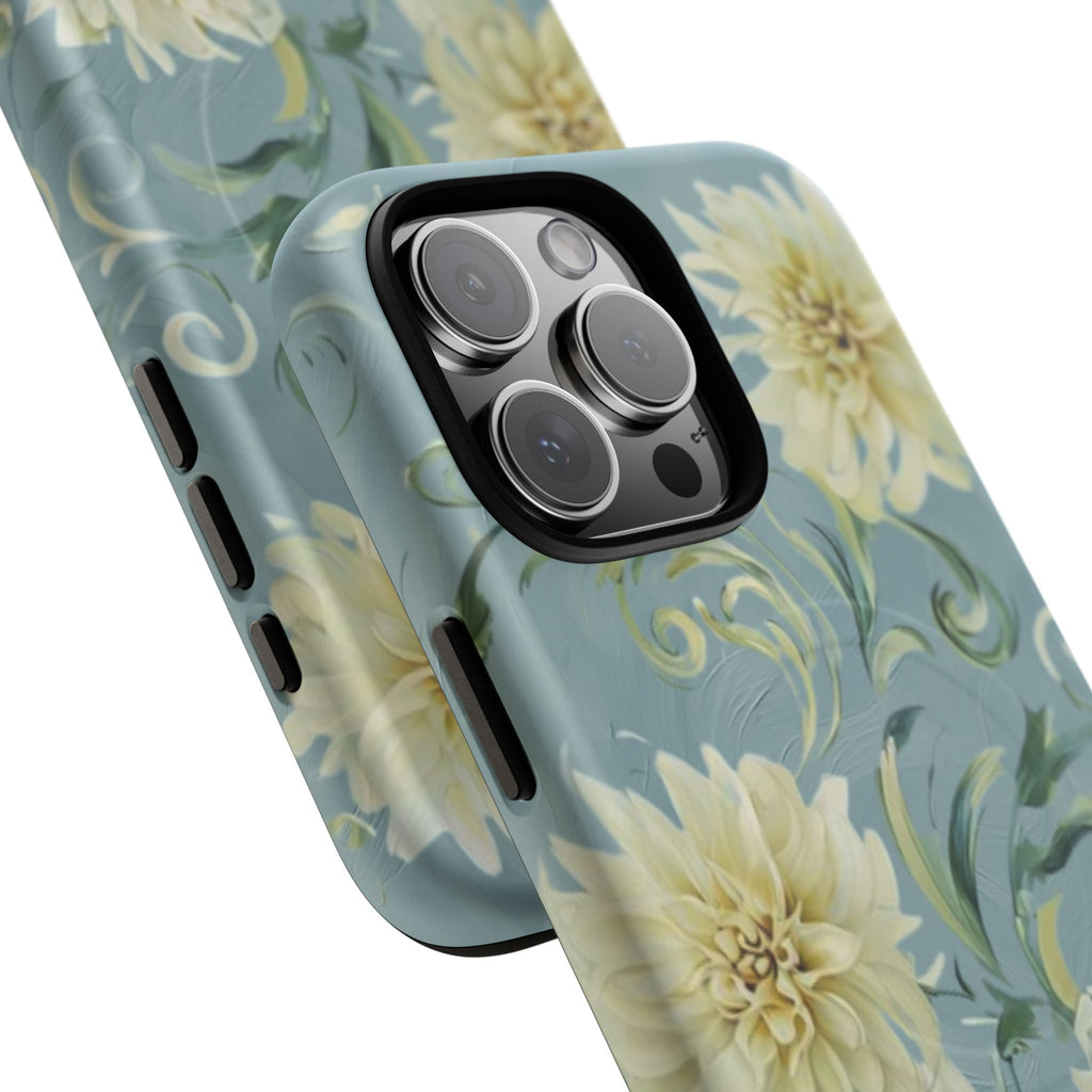Golden Dahlia Trio - Elegant Floral iPhone 16 Pro Max MagSafe Phone Case - Artistic White & Blue Dahlia Design